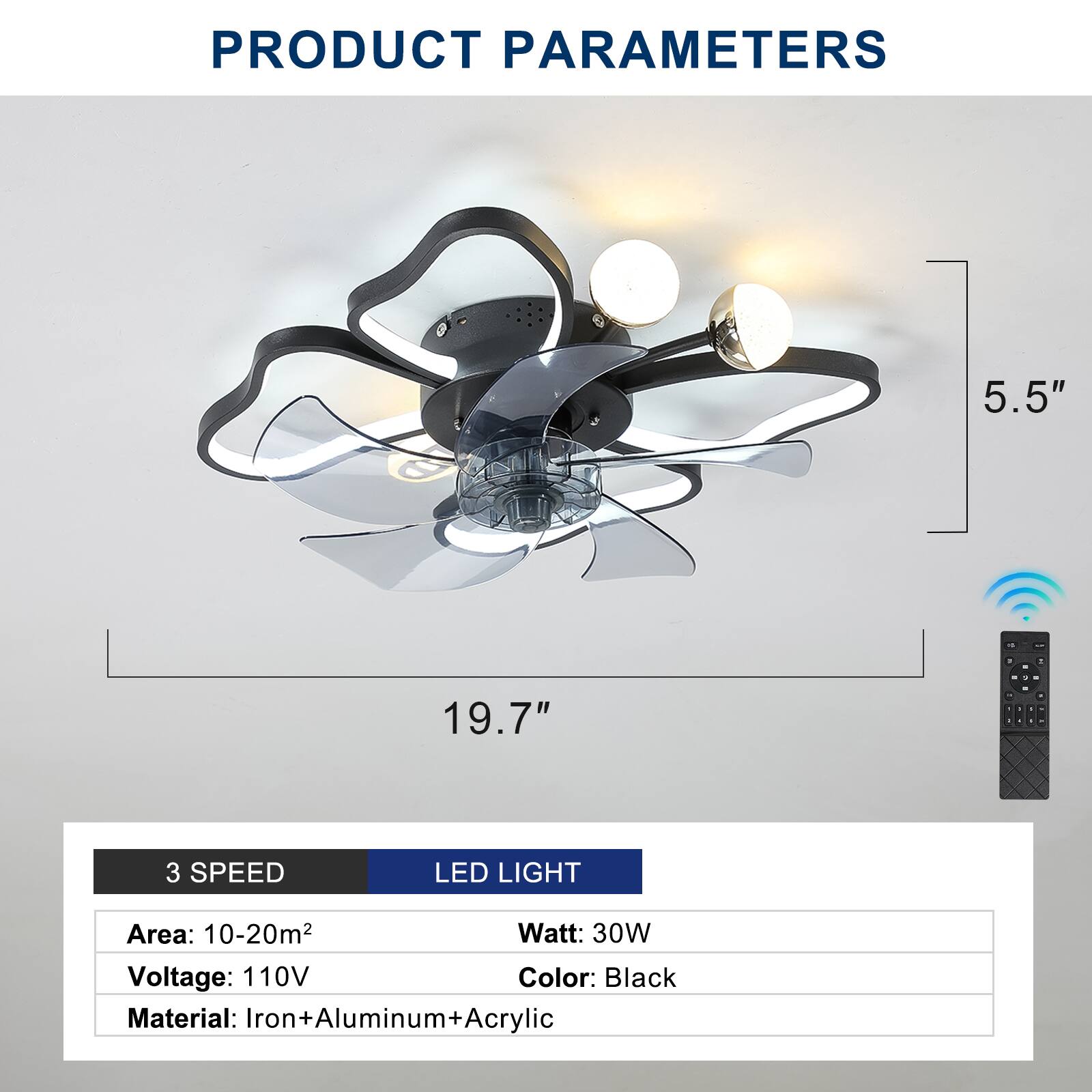 **PRODUCT PARAMETERS**

- **Size:** 5.5" x 19.7"
- **Features:** 3 SPEED, LED LIGHT
- **Area:** 10-20m²
- **Watt:** 30W
- **Voltage:** 110V
- **Color:** Black
- **Material:** Iron+Aluminum+Acrylic