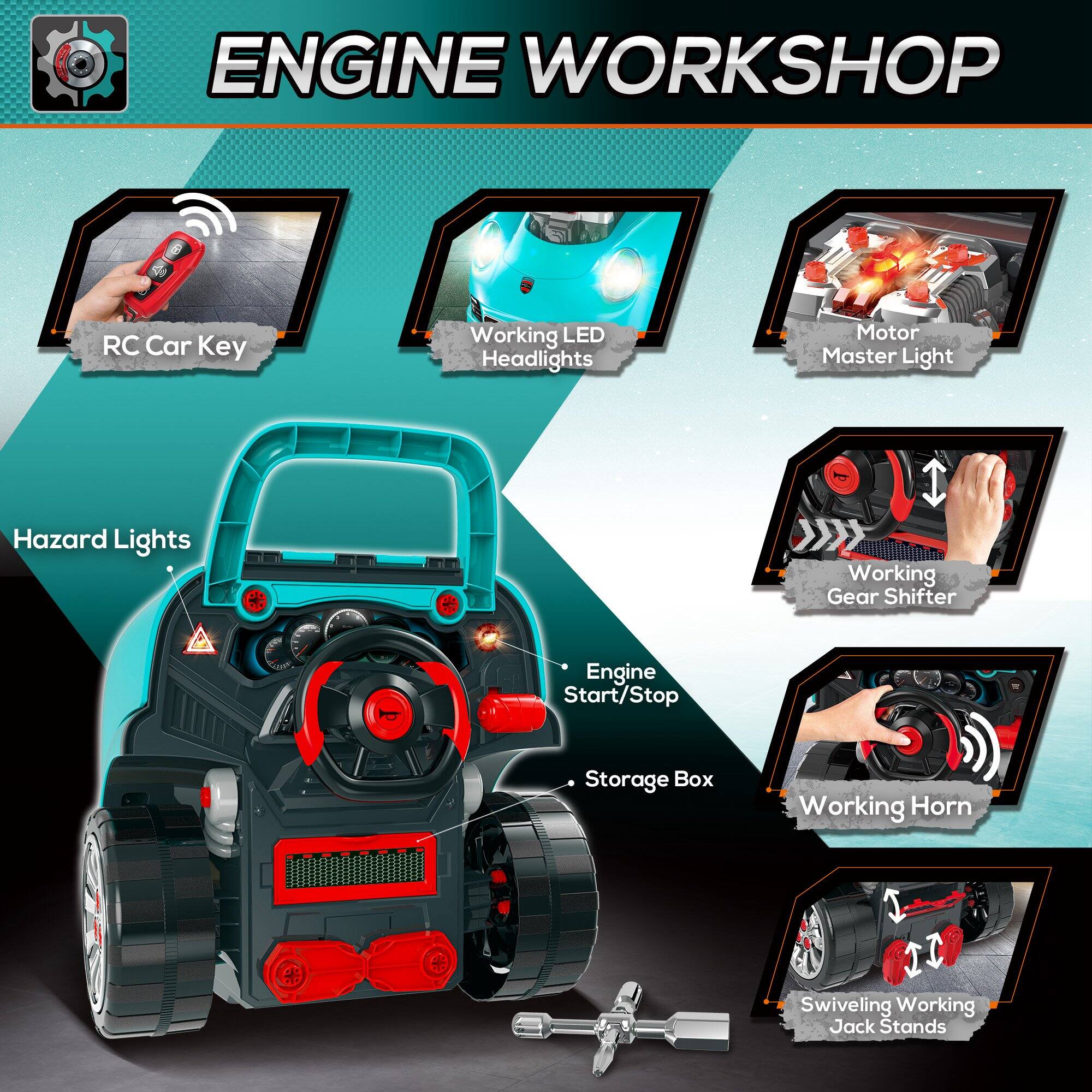 ENGINE WORKSHOP

- RC Car Key
- Working LED Headlights
- Motor Master Light
- Hazard Lights
- Engine Start/Stop
- Storage Box
- Working Gear Shifter
- Working Horn
- Swiveling Working Jack Stands