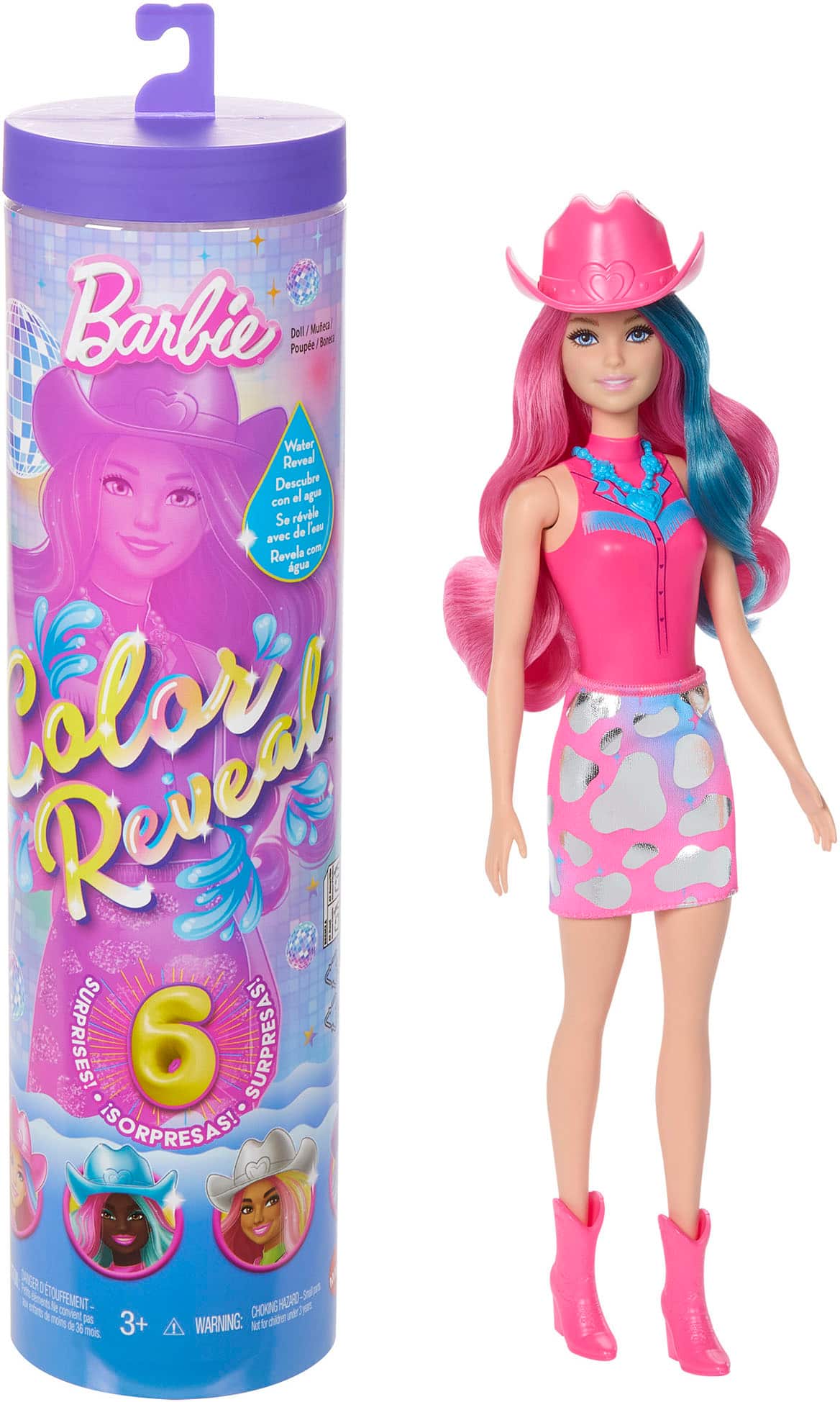 The text on the image is in Spanish, so I will group and correct it in English.
1. Barbie Poupe Doll Muteal I Bs Water Reveal: Descubre con el agua Se rvle de Pone avec Rovels com gua Reveal L SURPRISES! 6 SURPRESAST ISORPRESASI ORE hes dmeto.le 'TOUFFEMENT- d de nom convent TRS de 36 mois. 3+! CHOKING HAZARD: Small parts. Not for children under 3 years.