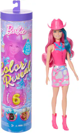The text on the image is in Spanish, so I will group and correct it in English.
1. Barbie Poupe Doll Muteal I Bs Water Reveal: Descubre con el agua Se rvle de Pone avec Rovels com gua Reveal L SURPRISES! 6 SURPRESAST ISORPRESASI ORE hes dmeto.le 'TOUFFEMENT- d de nom convent TRS de 36 mois. 3+! CHOKING HAZARD: Small parts. Not for children under 3 years.