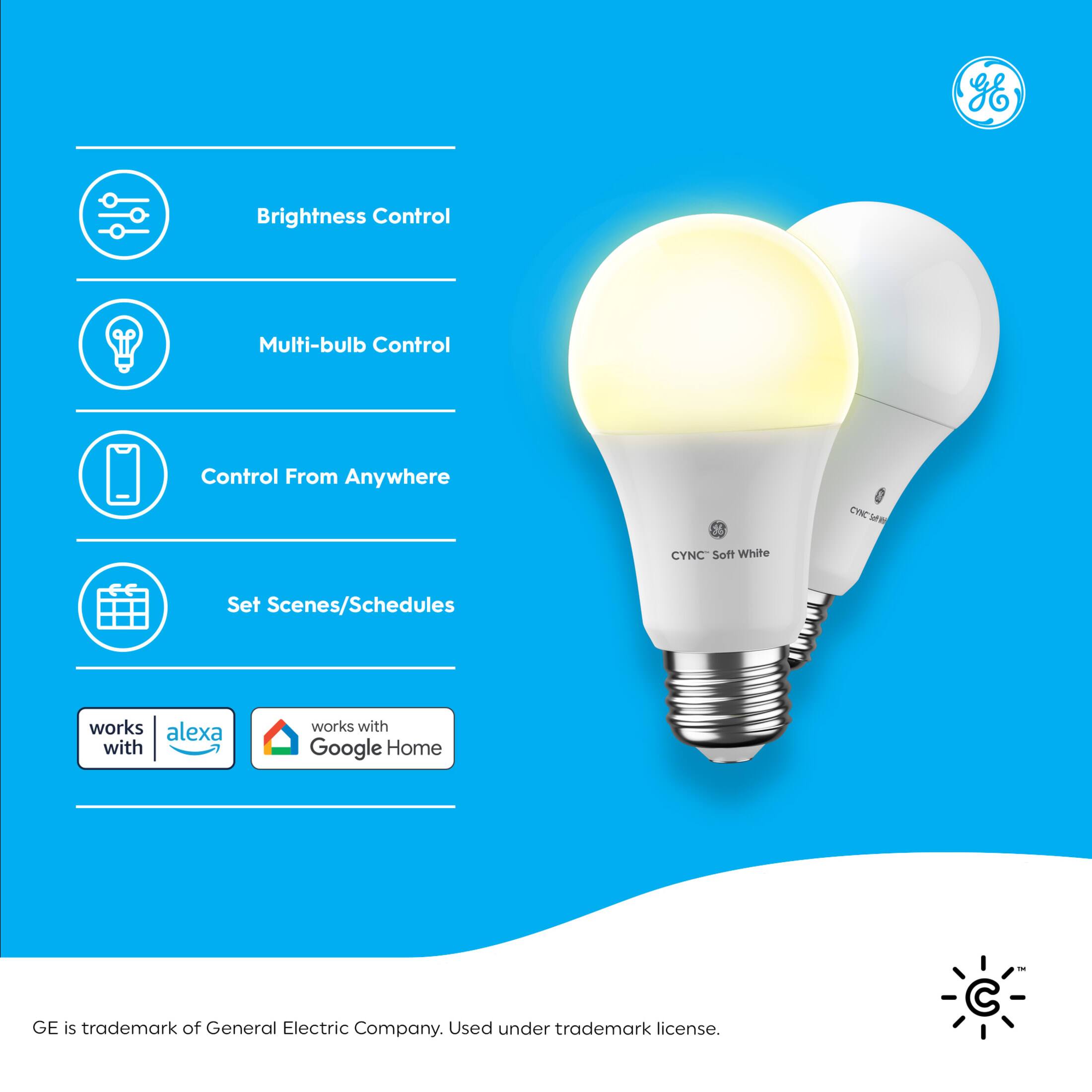 The text on the image is grouped as follows:
1. Brightness Control
2. Multi-bulb Control
3. Control From Anywhere
4. ON/OFF
5. CYNC Soft White
6. Set Scenes/Schedules
7. works with Alexa
8. works with Google Home
9. GE is a trademark of General Electric Company. Used under trademark license.