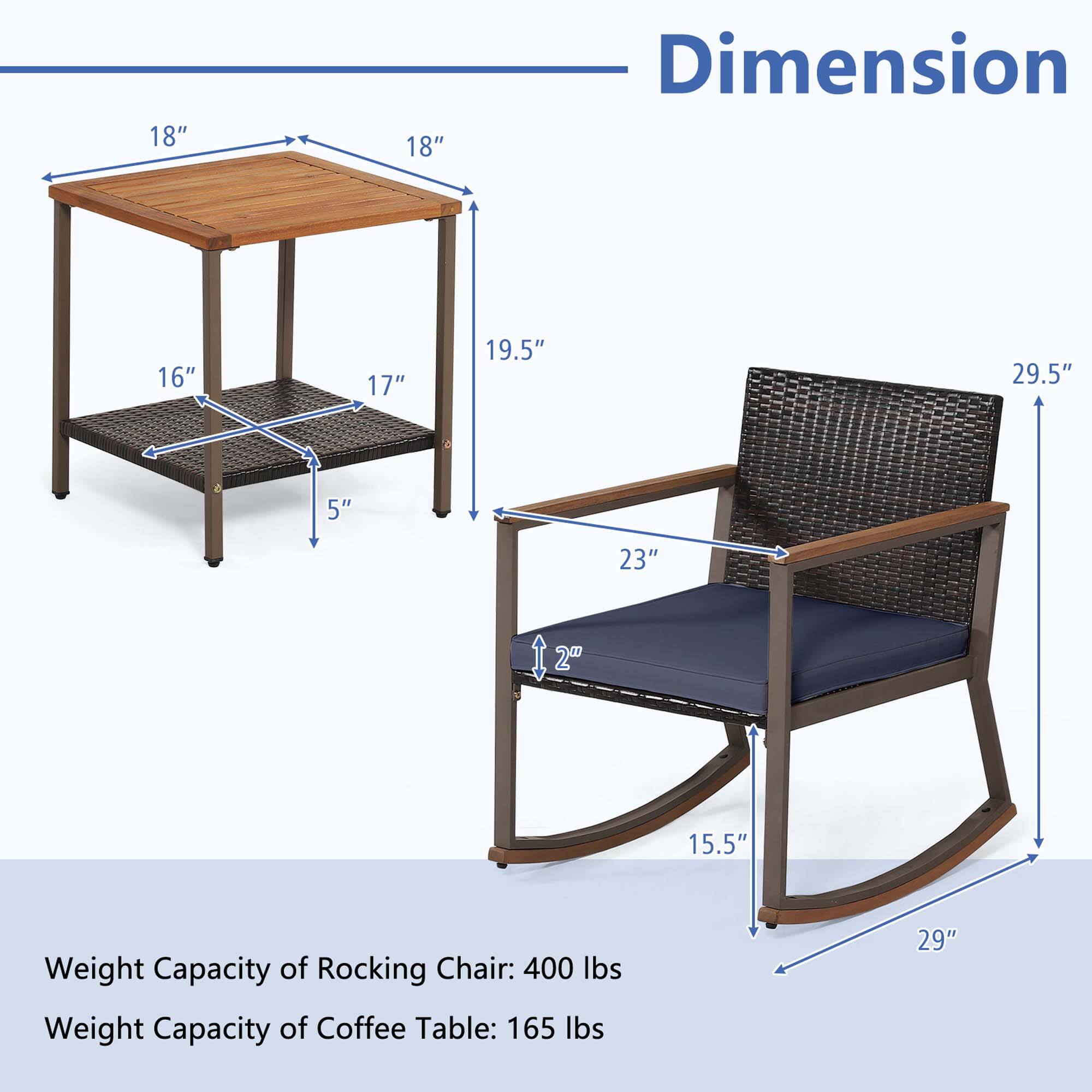 Dimension: 18" 18" 16" 17" 19.5" 29.5" 5" 23" 12" 2" 15.5"
Weight Capacity of Rocking Chair: 400 lbs
Weight Capacity of Coffee Table: 165 lbs