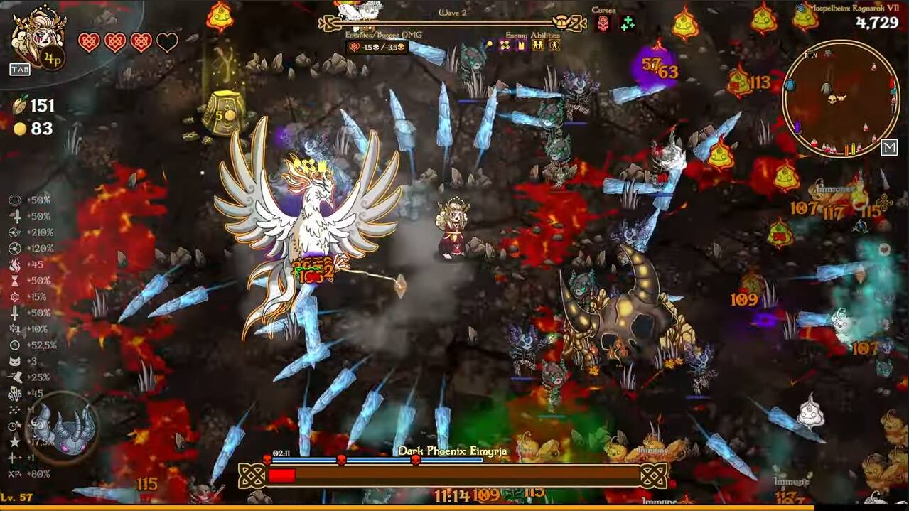 4p TAB 151 83 5 Entifhes/Bosa Bossea OMG -15 7-35 Wave 2 Enema Abilities  Corees + + 57 63 113 Mospelheim Ragnarok VII 4,729 M 50% 50% 210% Immones 107 117 758 115 +120% +45 50% 15% 50%  10% +52,5% +3 KCER 103 109 107 +25% +45 Mf +17.5% + +1 X. +80% Lv. 57 115 02:11 Dark Phoenix Eimyrja 11:14 109 CII immune Immr Immone 117 107