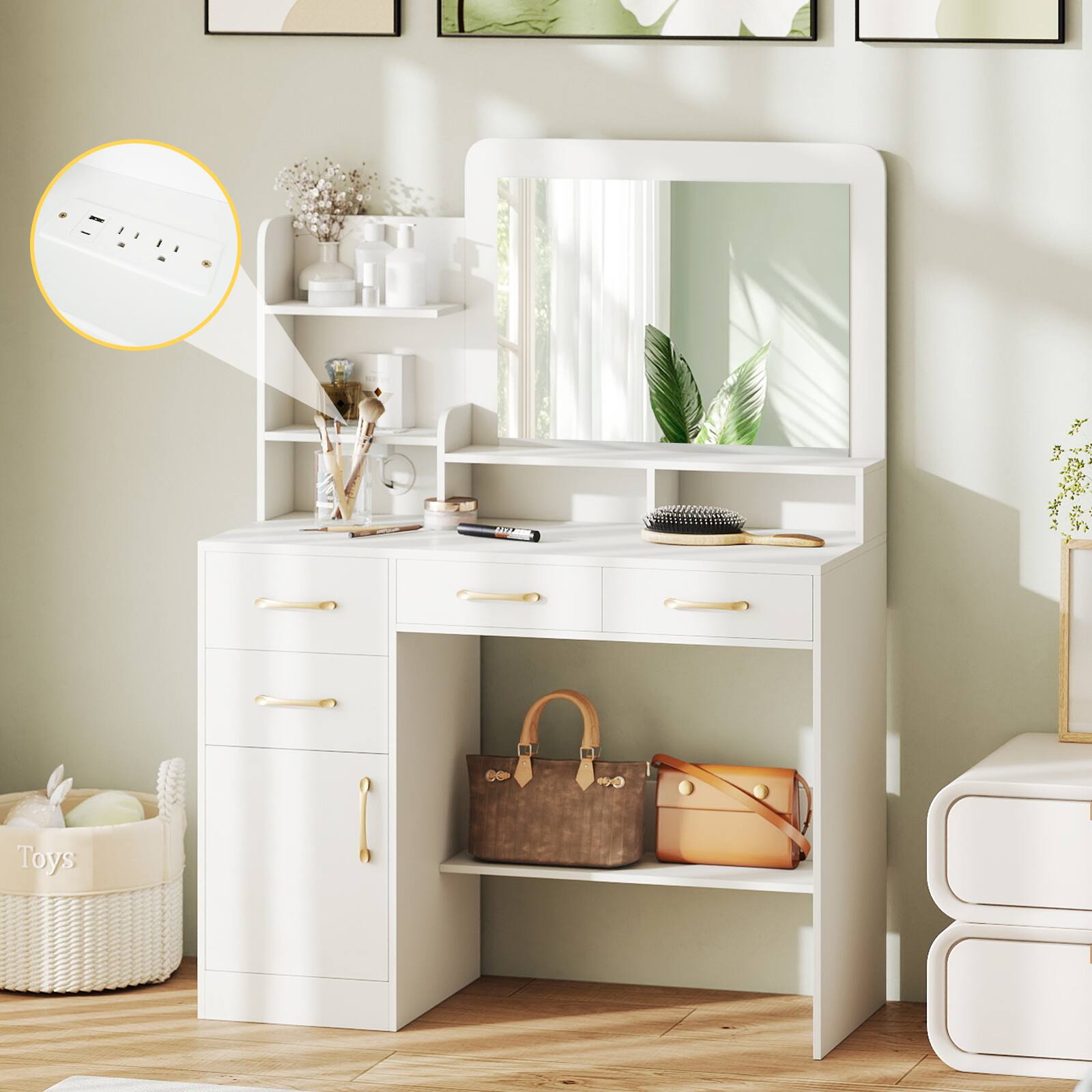 Alt View 3. Gymax - Gymax 39.5'' Modern Makeup Table Vanity Desk w/ Power Outlets & Open Shelves White - White.