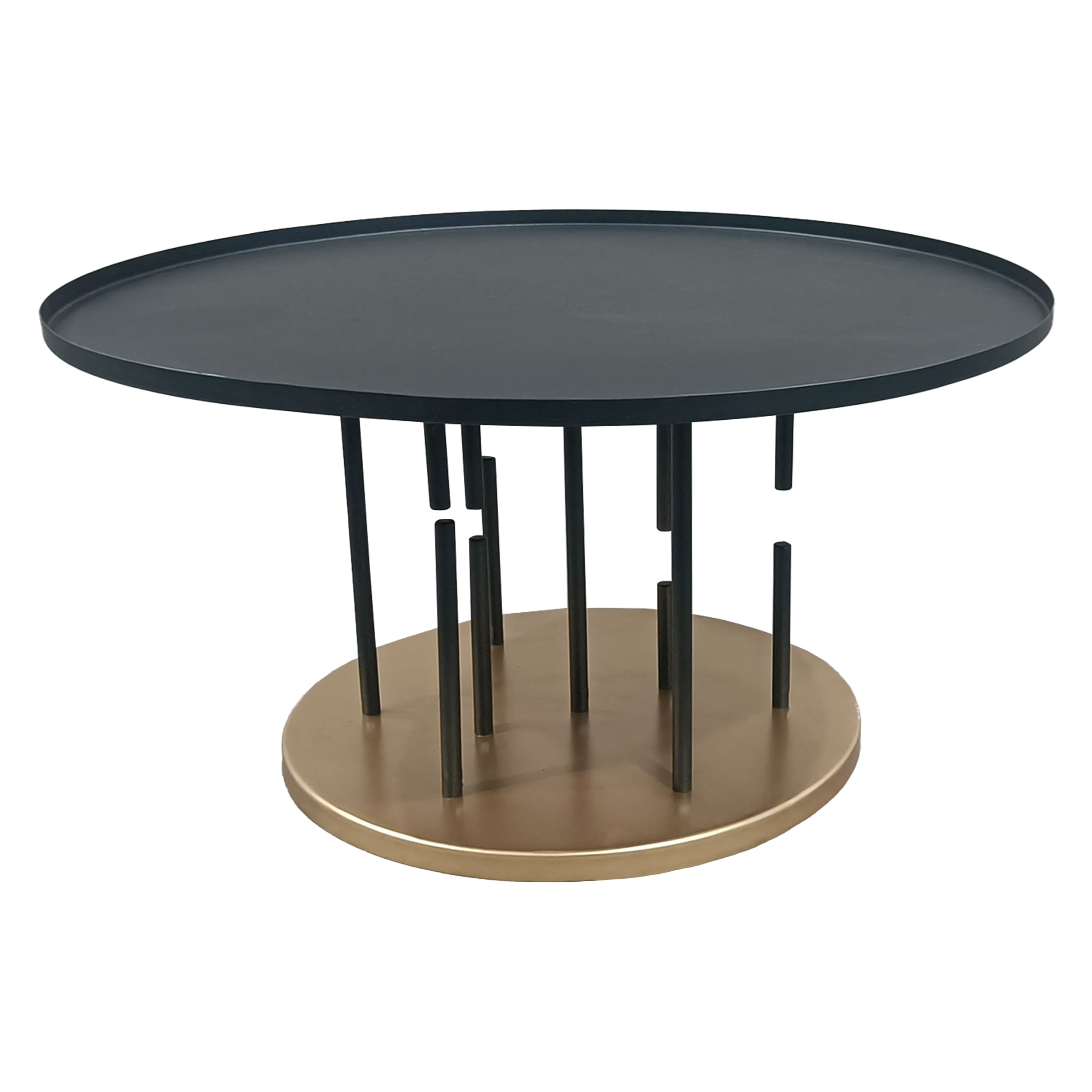 Front. Manhattan Lane - Neci 31 Inch Coffee Table, Round Tray Top, Modern Rod Supports with Brass Base - Black, Brass.
