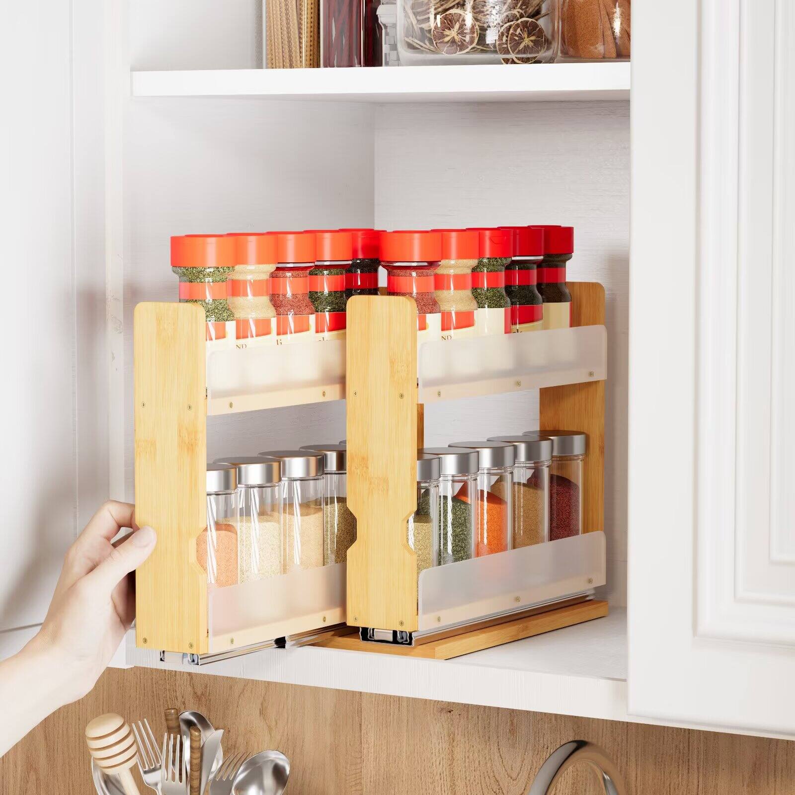 Alt View 1. Tooloton - Vertical Bamboo Spice Organizer with Sliding Drawers for Cabinet, Heavy Duty 2-Tier Spice Rack - Natural.