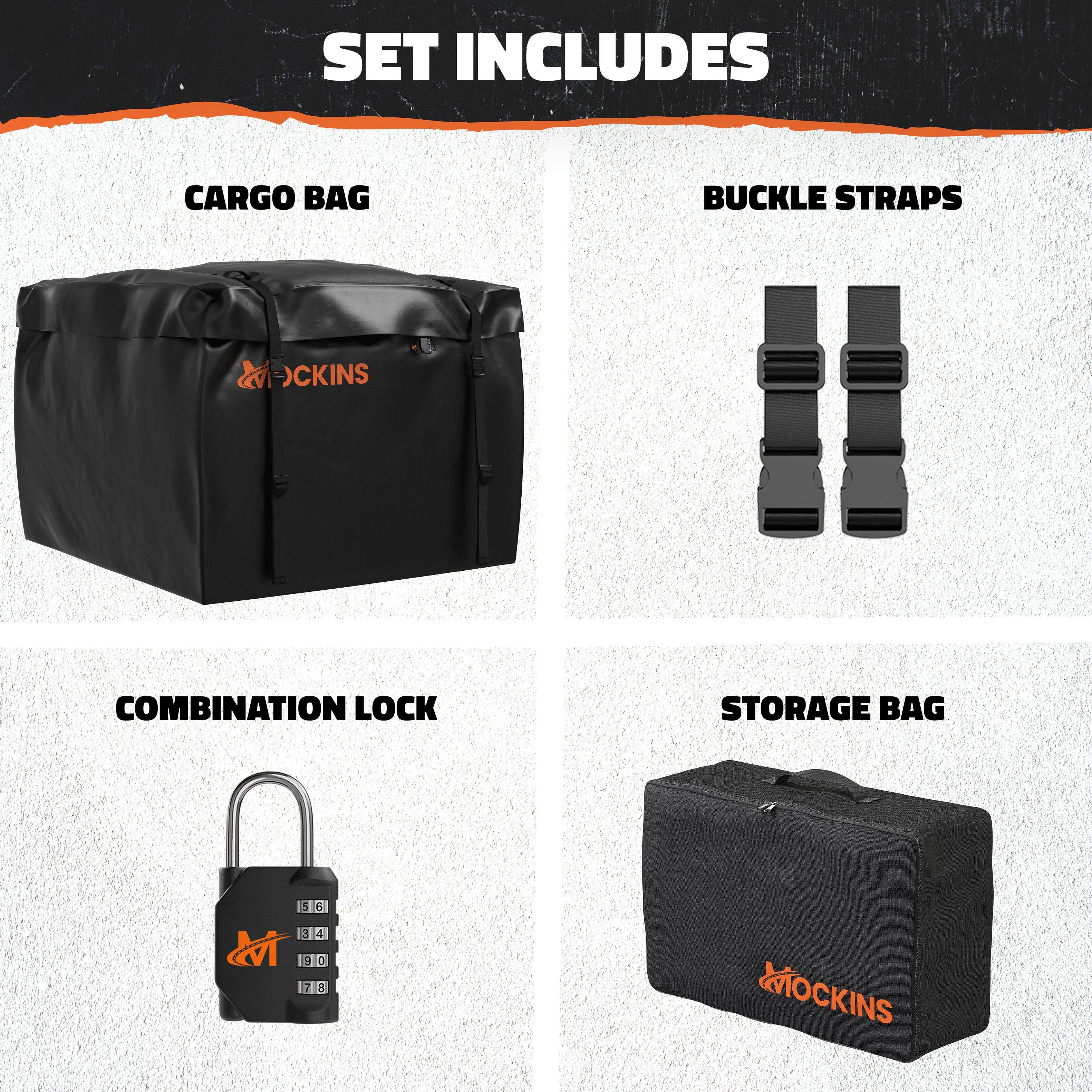 SET INCLUDES

CARGO BAG

BUCKLE STRAPS

COMBINATION LOCK

STORAGE BAG
