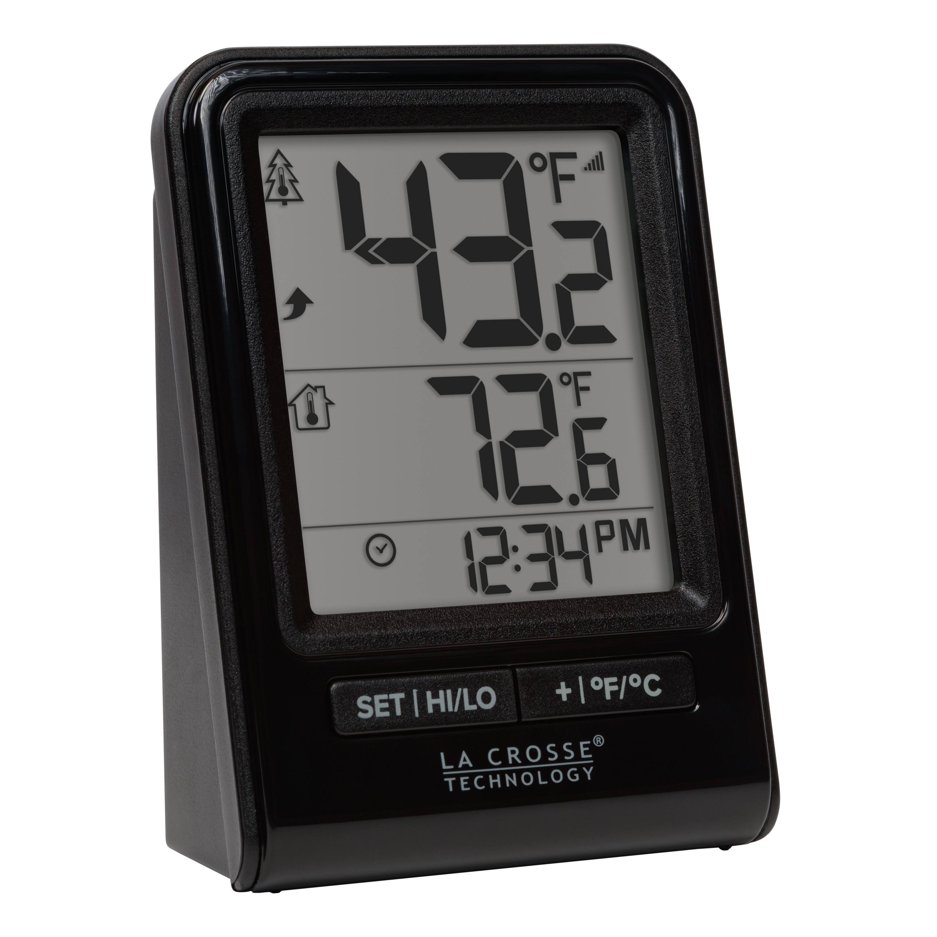 Sure, here is the corrected and grouped text from the image:

- **Temperature:**
  - 43.2°F
  - 72.6°F

- **Time:**
  - 12:34 PM

- **Buttons:**
  - SET | HI/LO
  - + | °F/°C

- **Brand:**
  - LA CROSSE TECHNOLOGY