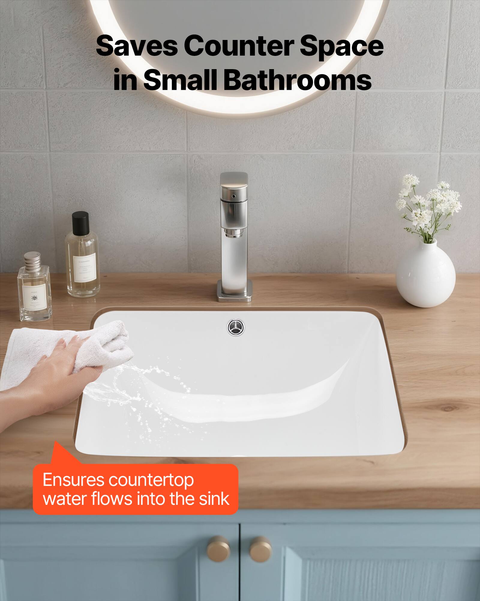 Saves Counter Space in Small Bathrooms

Ensures countertop water flows into the sink