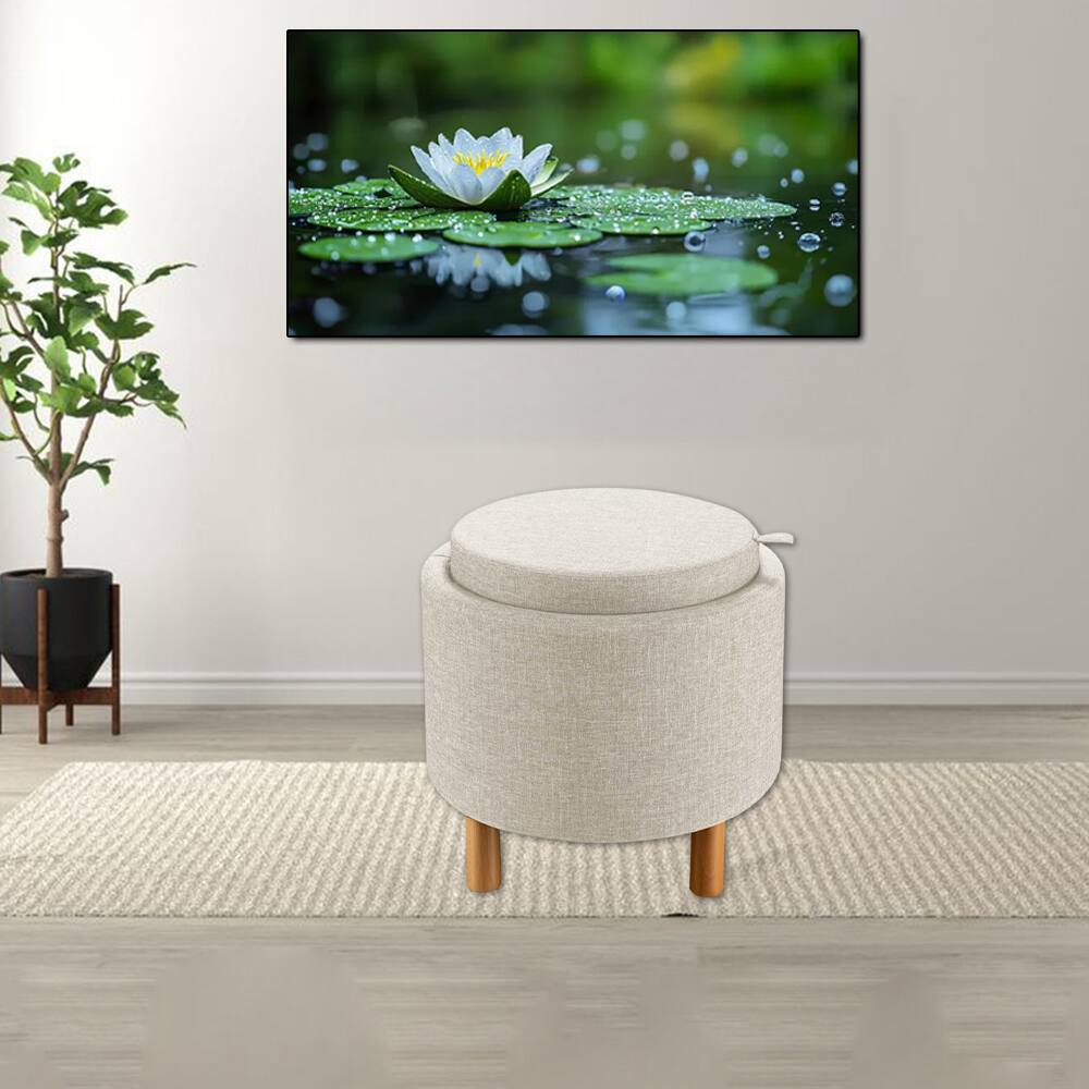 Hivvago - Round Upholstered Storage Ottoman with Reversible Tray and Non-Slip Base for Bedroom - Beige