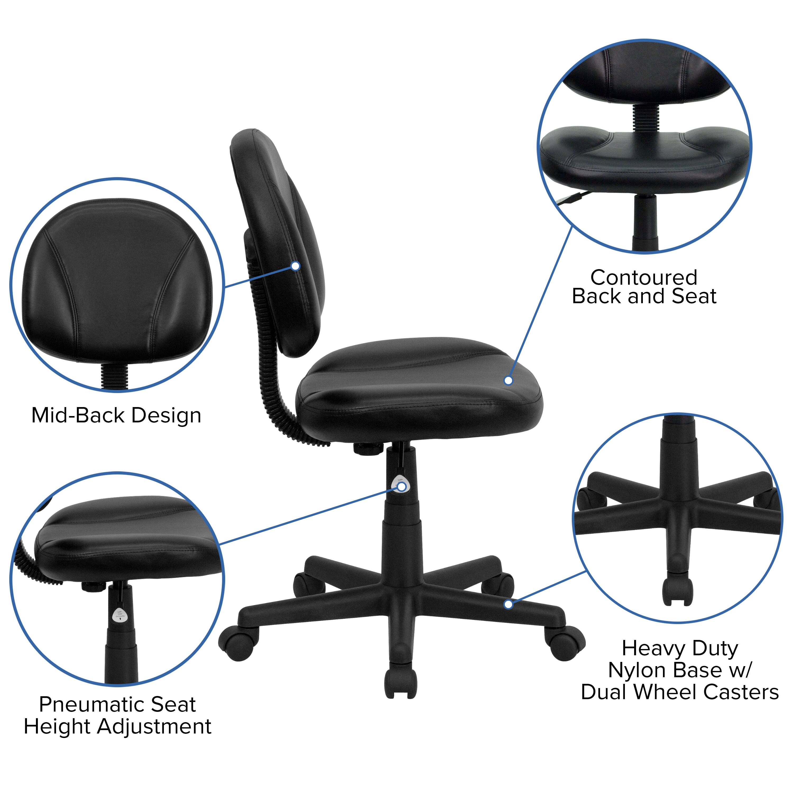 Contoured Back and Seat  
Mid-Back Design  
Pneumatic Seat Height Adjustment  
Heavy Duty Nylon Base w/ Dual Wheel Casters