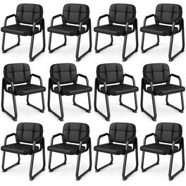 Costway - Leather Office Chairs Set of 12 with Padded Armrests Sled Base Metal Frame - Black