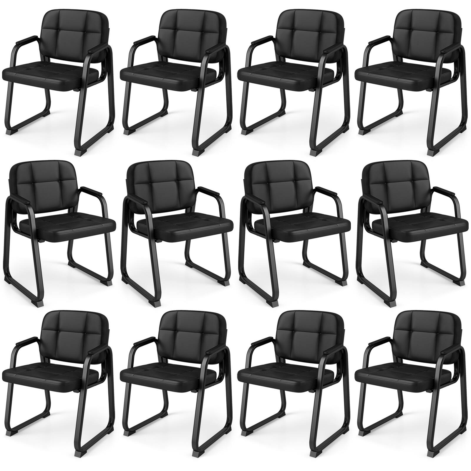 Front. Costway - Costway Leather Office Chairs Set of 12 with Padded Armrests Sled Base Metal Frame - Black.