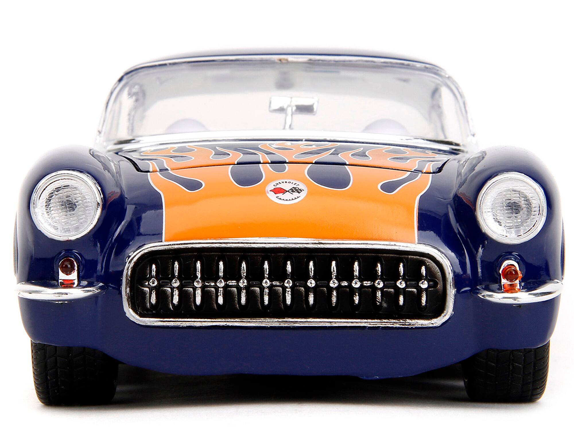 Alt View 6. Jada - 1957 Chevrolet Corvette Dark Blue with Flame Graphics and White Interior "Bigtime Muscle" Series 1/24 Model Car by Jada.