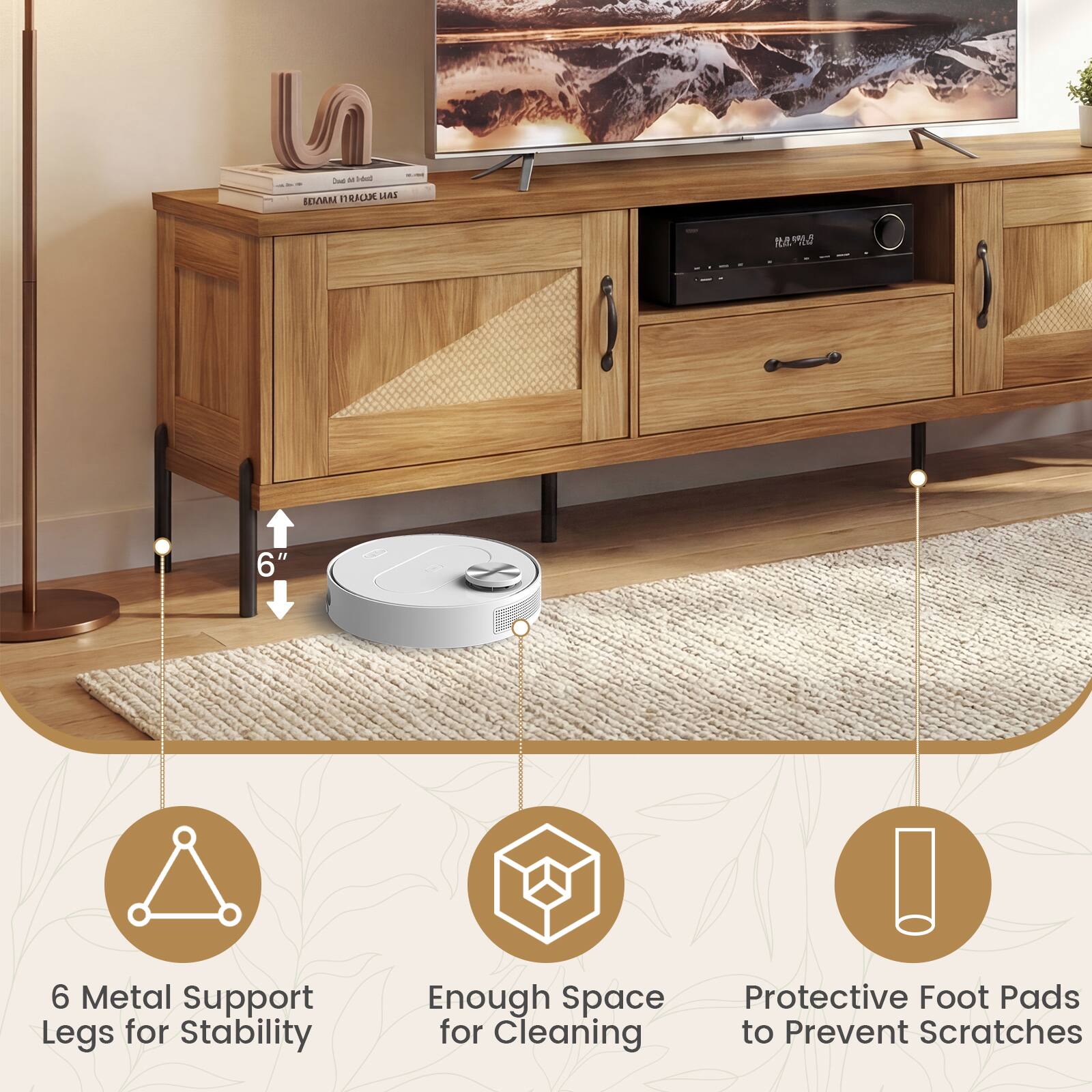 6" 6 Metal Support Legs for Stability Enough Space for Cleaning Protective Foot Pads to Prevent Scratches