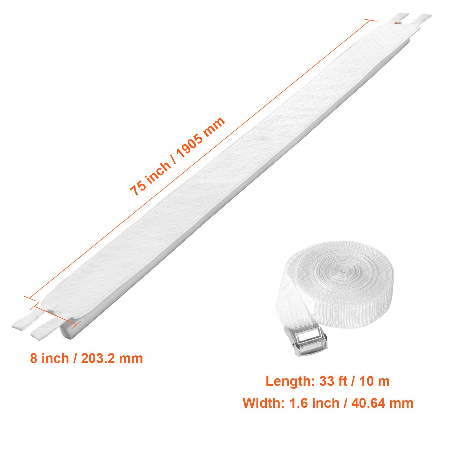 - 75 inch / 1905 mm
- 8 inch / 203.2 mm
- Length: 33 ft / 10 m
- Width: 1.6 inch / 40.64 mm