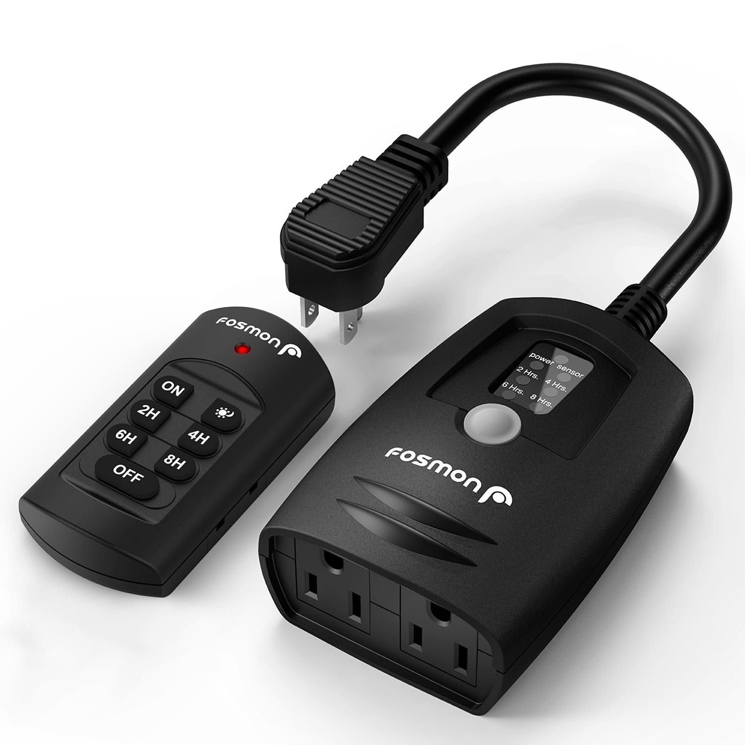Fosmon - Timer Outlet With Remote Control, [UL Listed] Outdoor Timer For Outlet Waterproof, Countdown 2 Outlet Timer, Photocell - Black