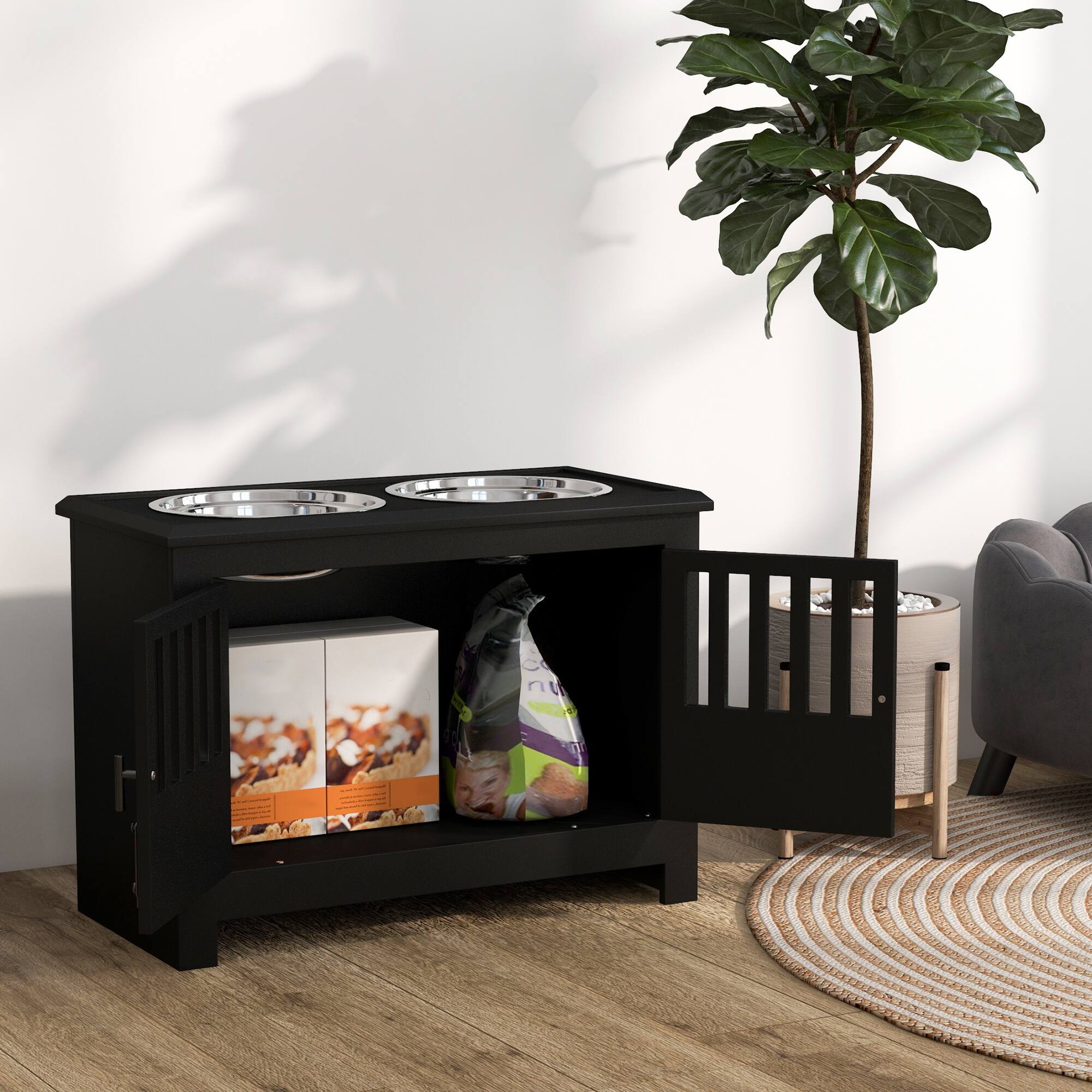 Alt View 4. Pawhut - Large Elevated Dog Bowls with Cabinet Containing 37L Capacity, Bowl Stand, Food Bowl, Feeding Station - Black.