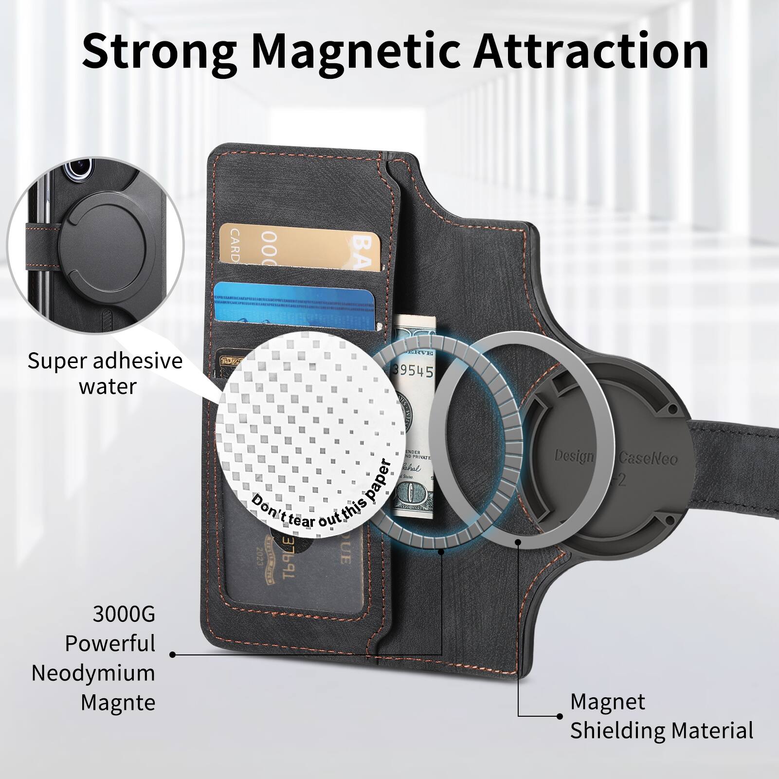 Strong Magnetic Attraction  
CARD 000 B  
Super adhesive water  
3000G Powerful Neodymium Magnet  
dva AD 9545  
PTA bhe paper  
Don't tear out this paper  
2023  
TLE UE  
Design CaseNeo 2  
Magnet Shielding Material