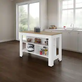 Loheer - kitchen island with open shelves - White and Natural Oak