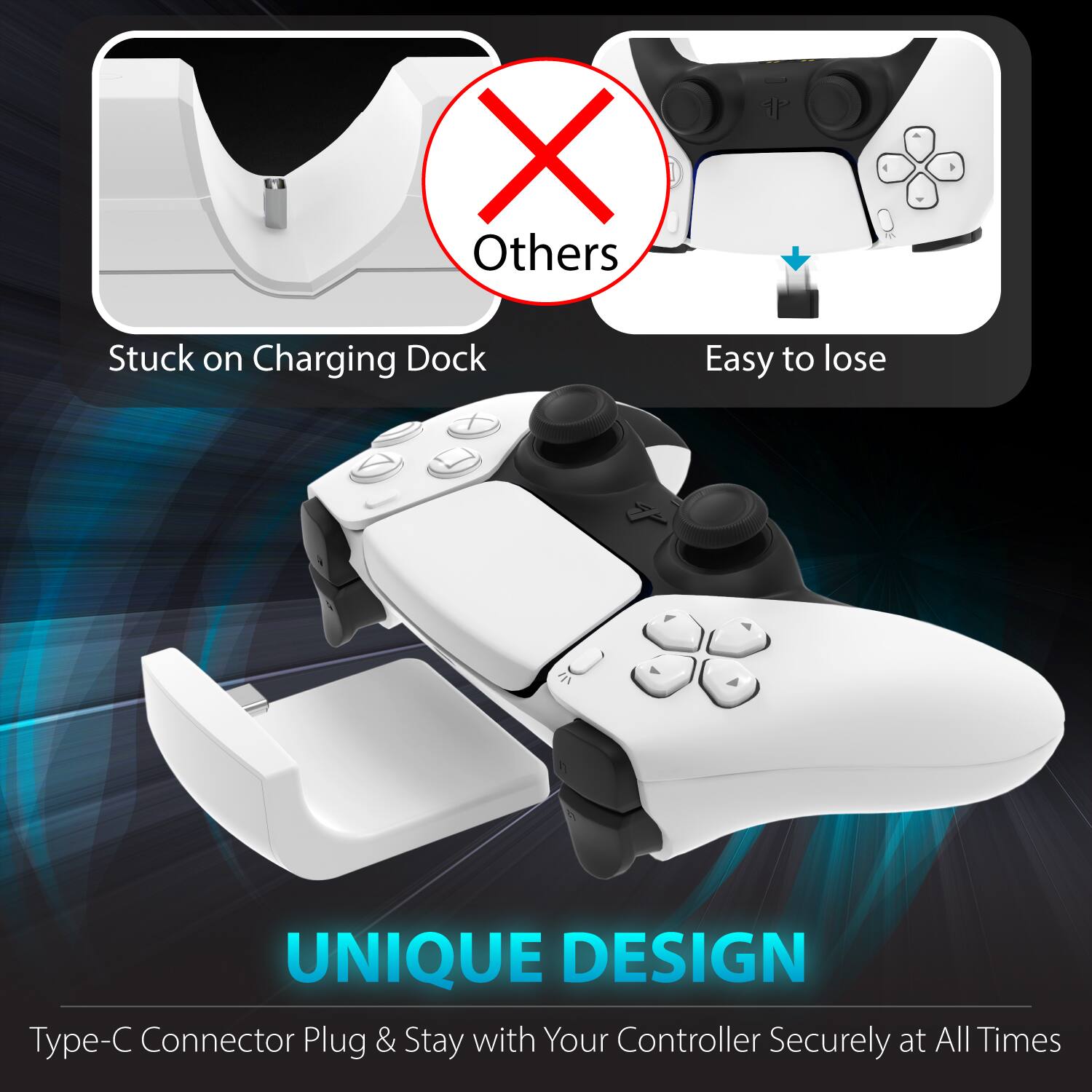 UNIQUE DESIGN, Type-C Connector Plug & Stay with Your Controller Securely at All Times, X Others, Stuck on Charging Dock, Easy to lose