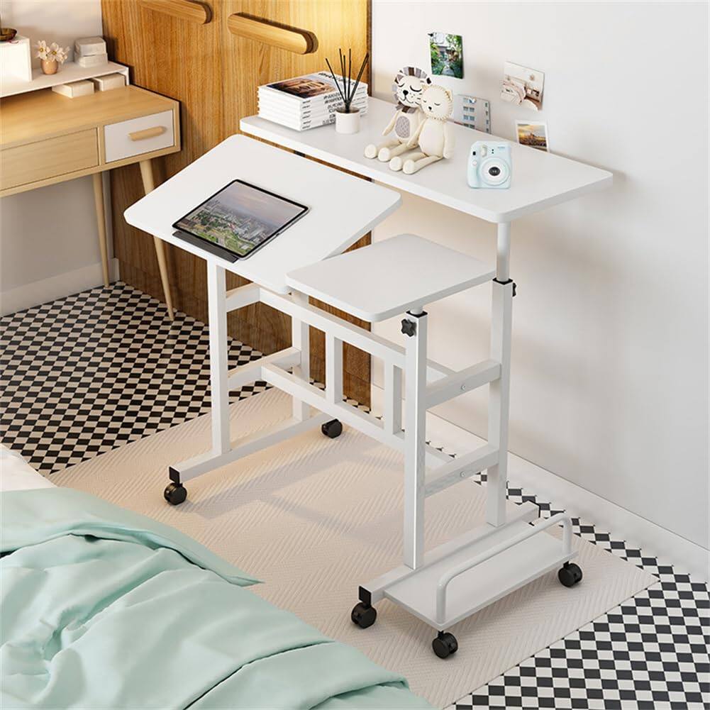 Angle. Babevy - Liftable Standing Desk, Portable Rolling Computer Desk with Lockable Casters, Adjustable Height, 2-Tier Workstation - White.