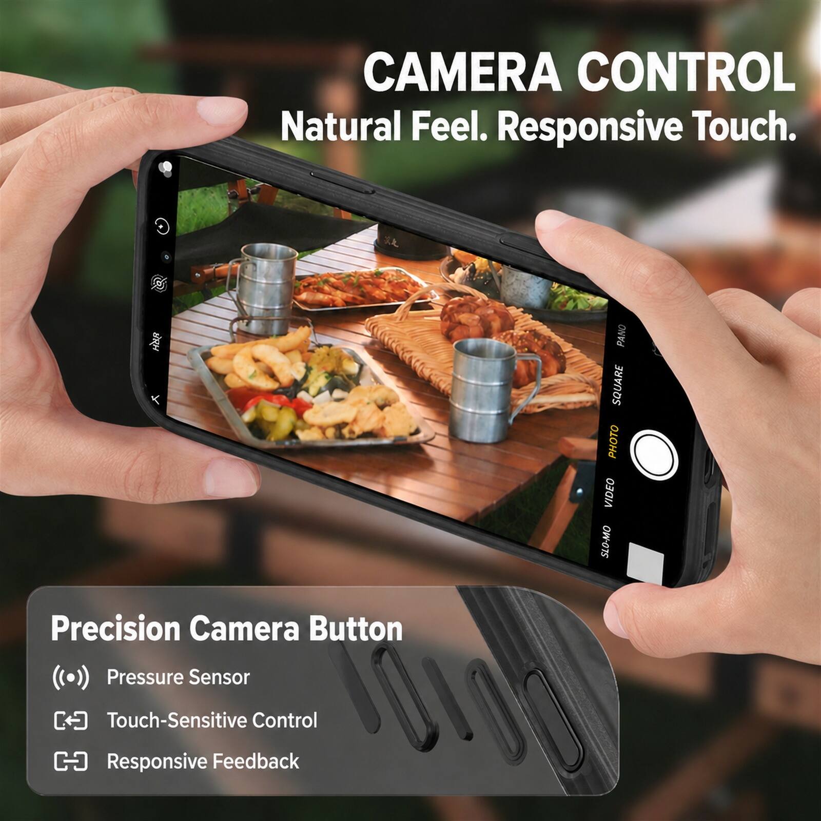 CAMERA CONTROL  
Natural Feel. Responsive Touch.

Precision Camera Button  
PANO SQUARE PHOTO VIDEO SLO-MO  
Pressure Sensor  
Touch-Sensitive Control  
Responsive Feedback
