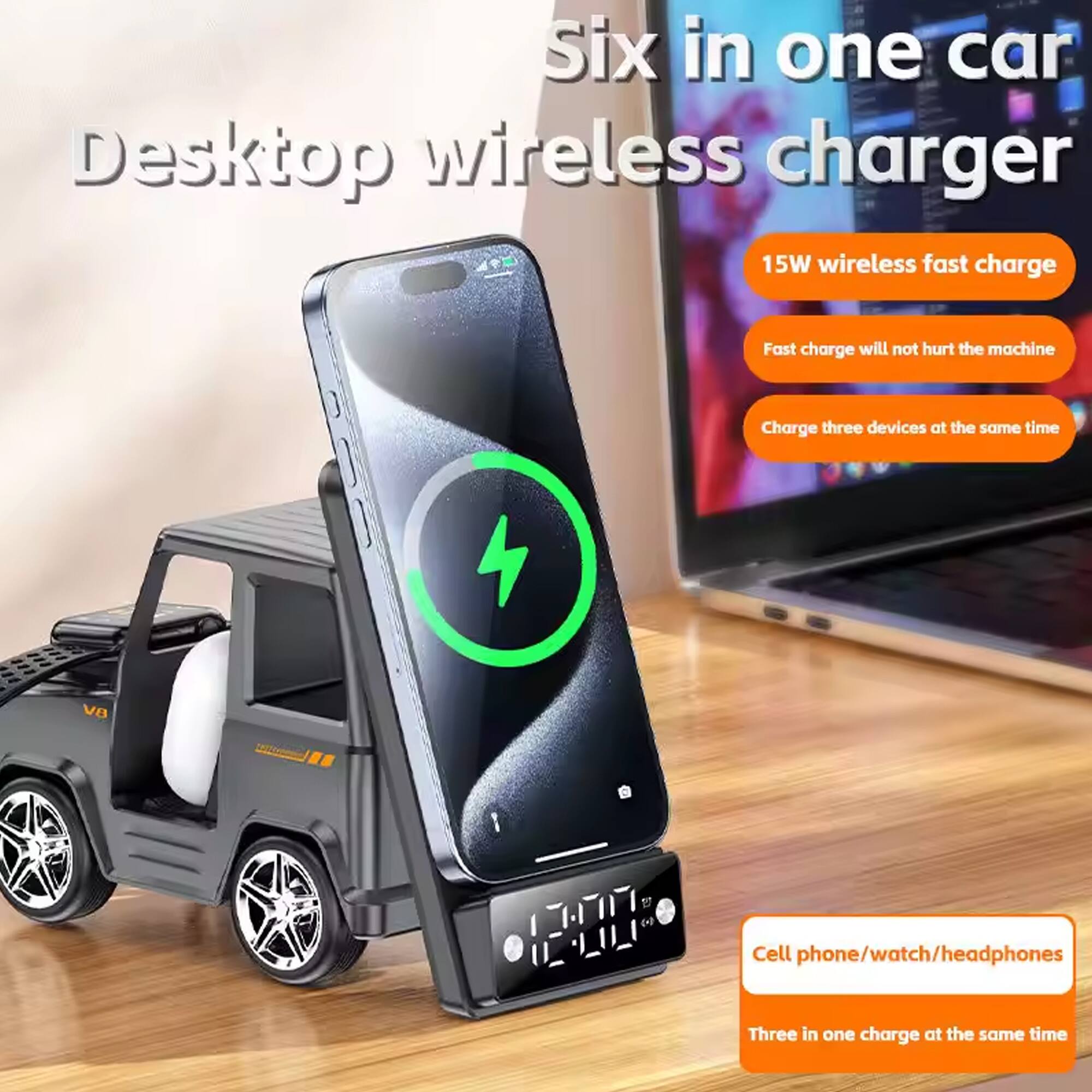 Six in one car Desktop wireless charger  
15W wireless fast charge  
Fast charge will not hurt the machine  
Charge three devices at the same time  
Cell phone/watch/headphones  
Three in one charge at the same time