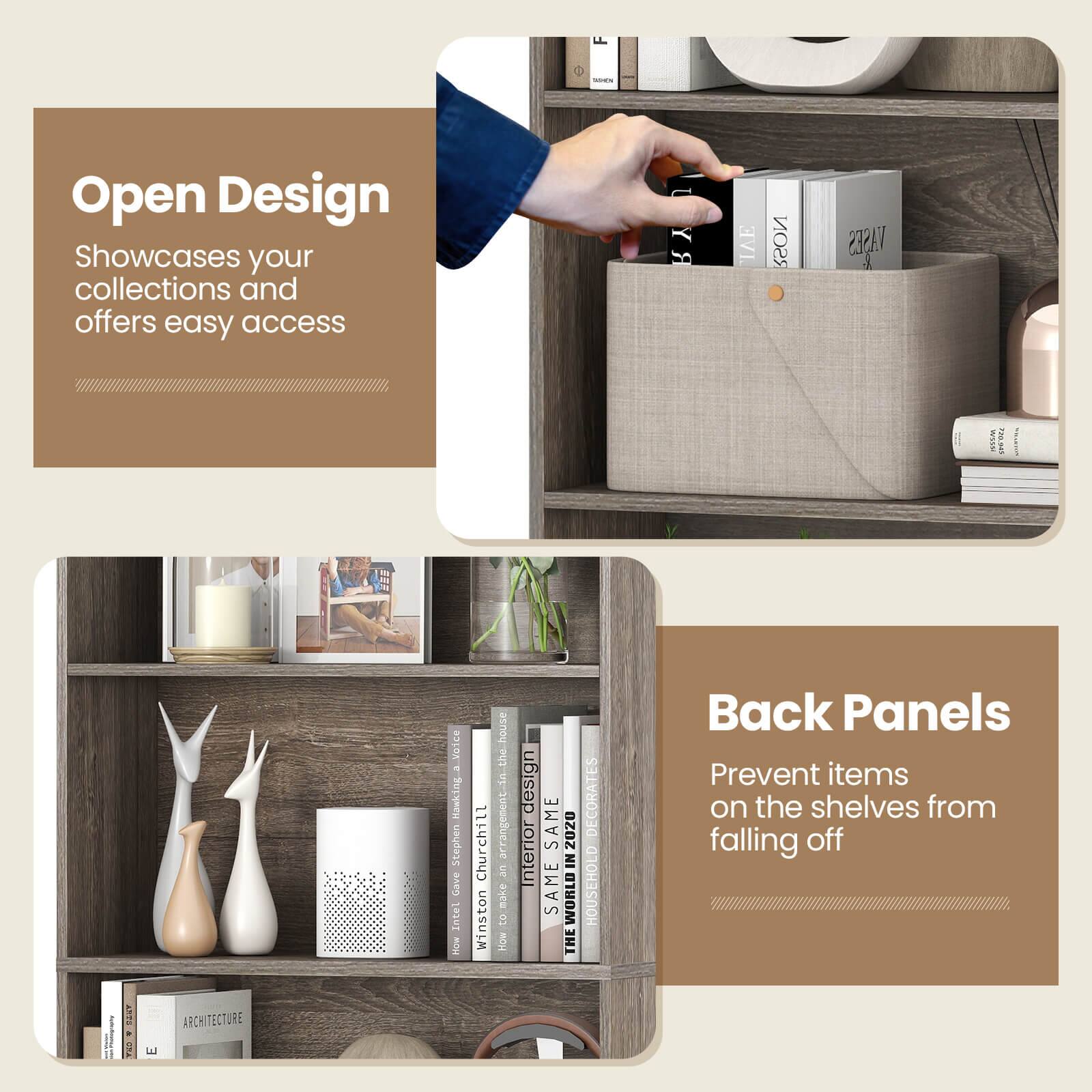 - Open Design  
Showcases your collections and offers easy access

- Back Panels  
Prevent items on the shelves from falling off