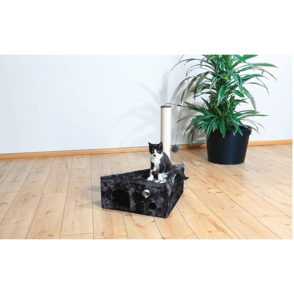 Angle. TRIXIE - Murcia Sisal 26" Cat Scratching Post with Plush-Covered Condo and Cat Toy, Gray - Dark Gray.