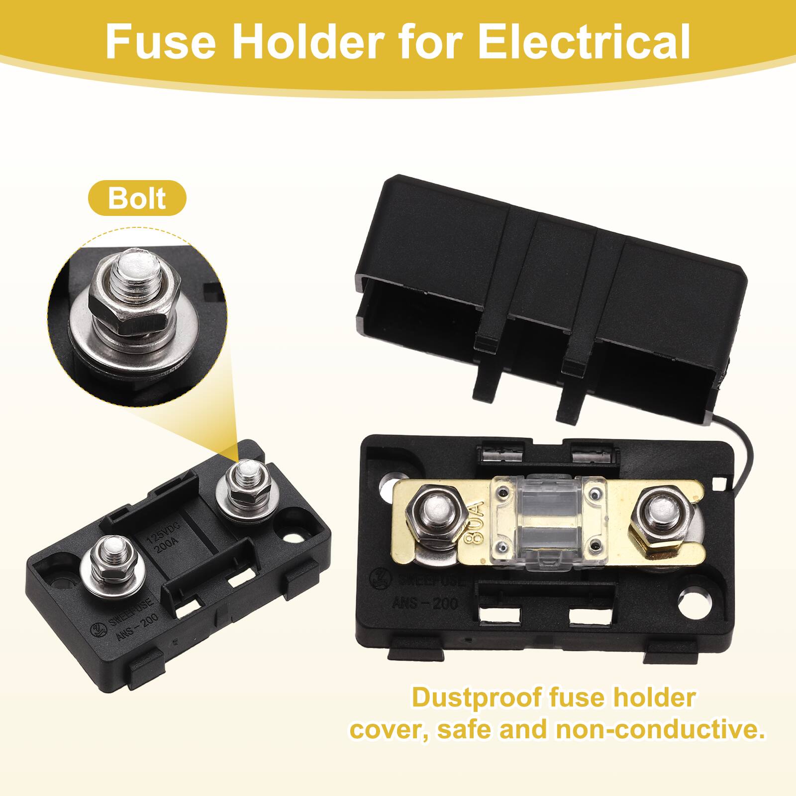 Fuse Holder for Electrical Bolt 125VDG 200A SKEEUSE OSE ANS-200 200 ANS 80A Z SKEE USE ANS-200 I 200 Dustproof fuse holder cover, safe and non-conductive.