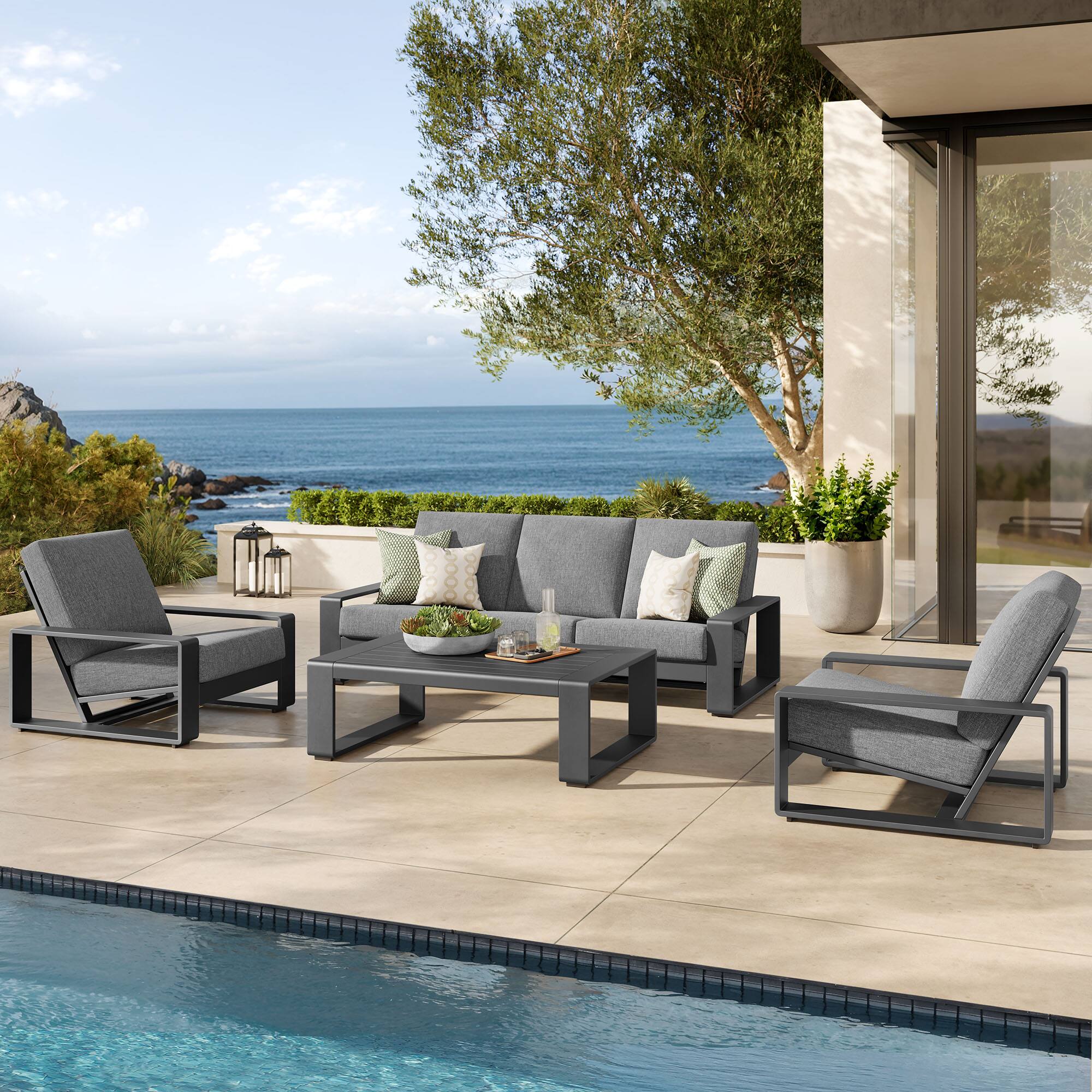 Alt View 6. Modway - Lirienne 4-Piece Outdoor Patio Aluminum Furniture Set - Powder-Coated Frame, Foam-Cushioned Seats - Light Gray.
