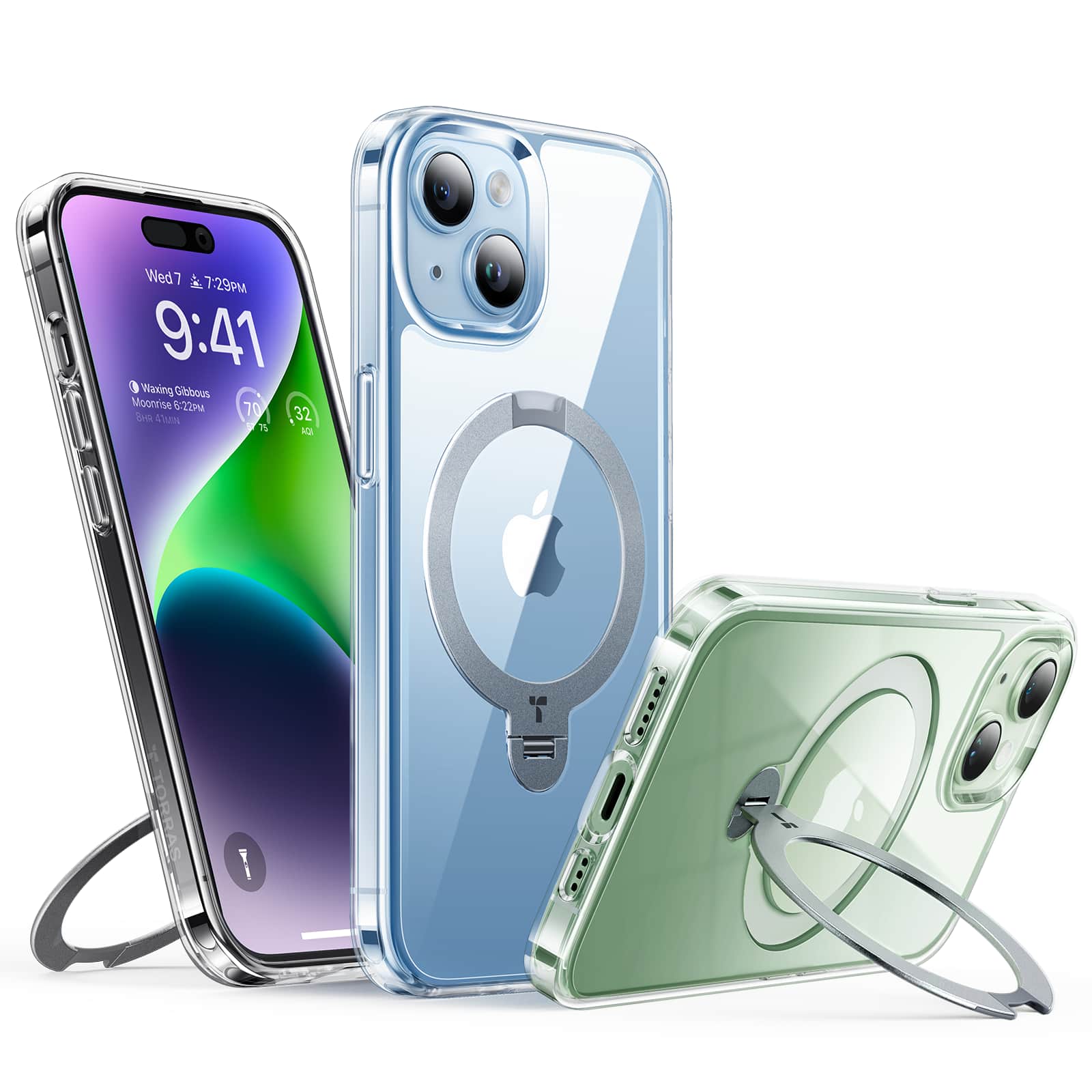 The image shows three cell phones, each with different colors and cases. One of the phones is a blue iPhone, while the other two are different colors. The phones are placed next to each other, and they are all connected to chargers. The time displayed on one of the phones is 7:29 PM.