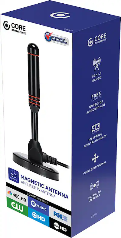 Core Innovations - Amplified Magnetic Indoor HDTV Antenna 60-Mile Range with 3G/4G LTE Filter - Black Core Innovations - Amplified Magnetic Indoor HDTV Antenna 60-Mile Range with 3G/4G LTE Filter - Black