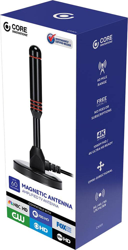 CORE INNOVATIONS  
INDEPENDENTLY CERTIFIED MILEAGE  
60 MILE RANGE  
FREE LOCAL TV OR NO FEES OR SUBSCRIPTIONS  
4K ULTRA HD READY  
1080P FHD  
OMNI-DIRECTIONAL  
MAGNETIC TV ANTENNA  
COMPATIBLE WITH NBC HD, CBS HD, FOX HD, ABC HD, PBS HD  
3G/4G/5G FILTER  
LTE FILTER  
CA501