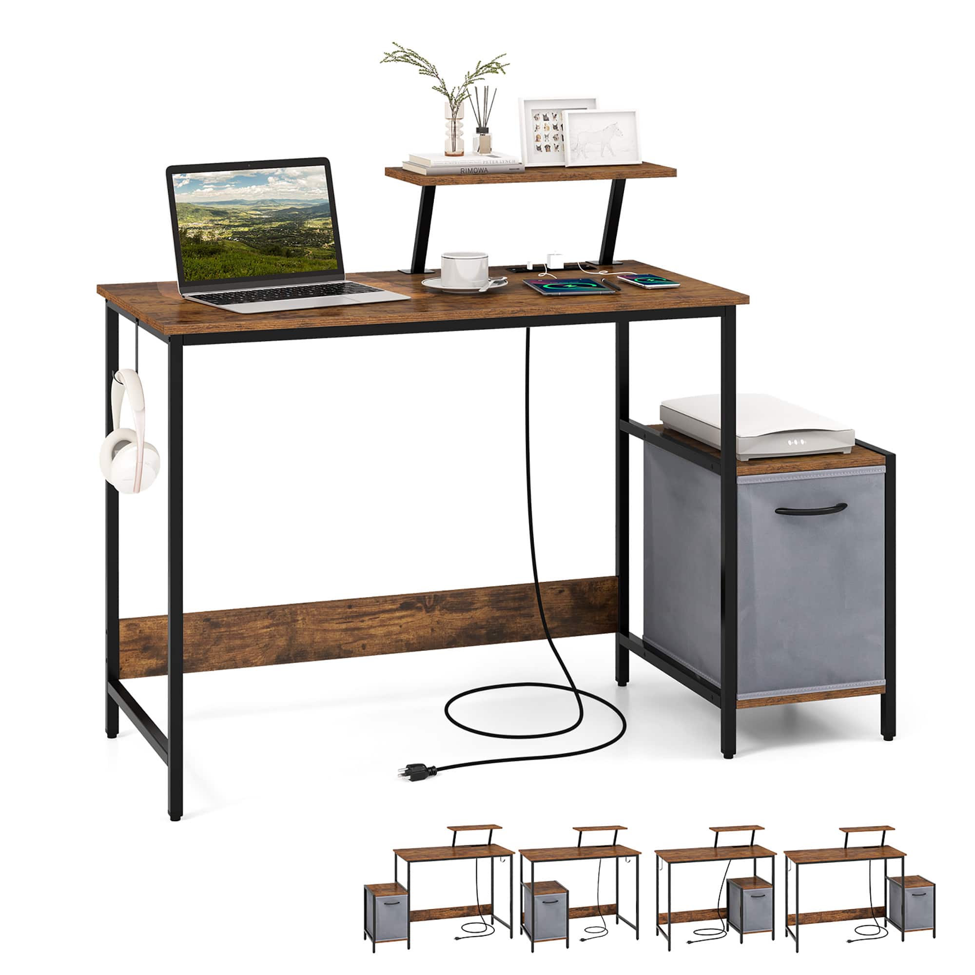 Gymax - Computer Desk w/ Charging Station Office Desk w/ Reversible Fabric Drawer - Black & Rustic Brown