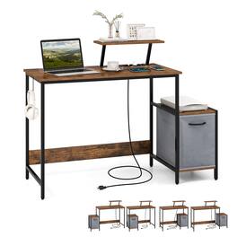 Gymax - Computer Desk w/ Charging Station Office Desk w/ Reversible Fabric Drawer - Black & Rustic Brown