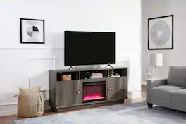 APRILSOUL - 70 Inch W Walnut Finish Fireplace TV Stand Console with Heater LED Light Cabinets Shelves - Gray