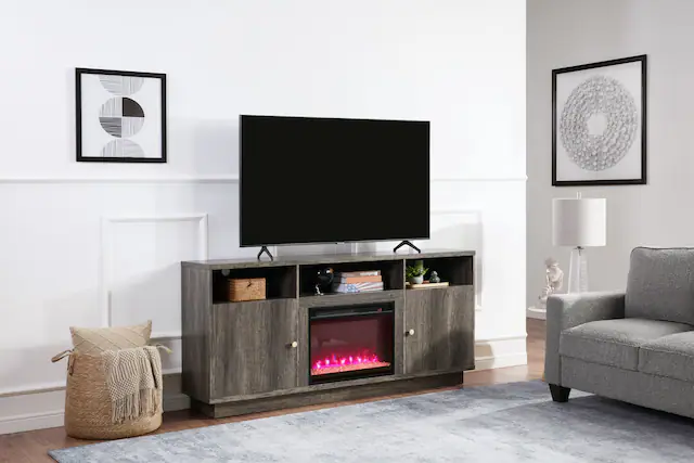 Front. APRILSOUL - 70 Inch W Gray Walnut Finish Fireplace TV Stand Console with Heater LED Light Cabinets Shelves - Gray.