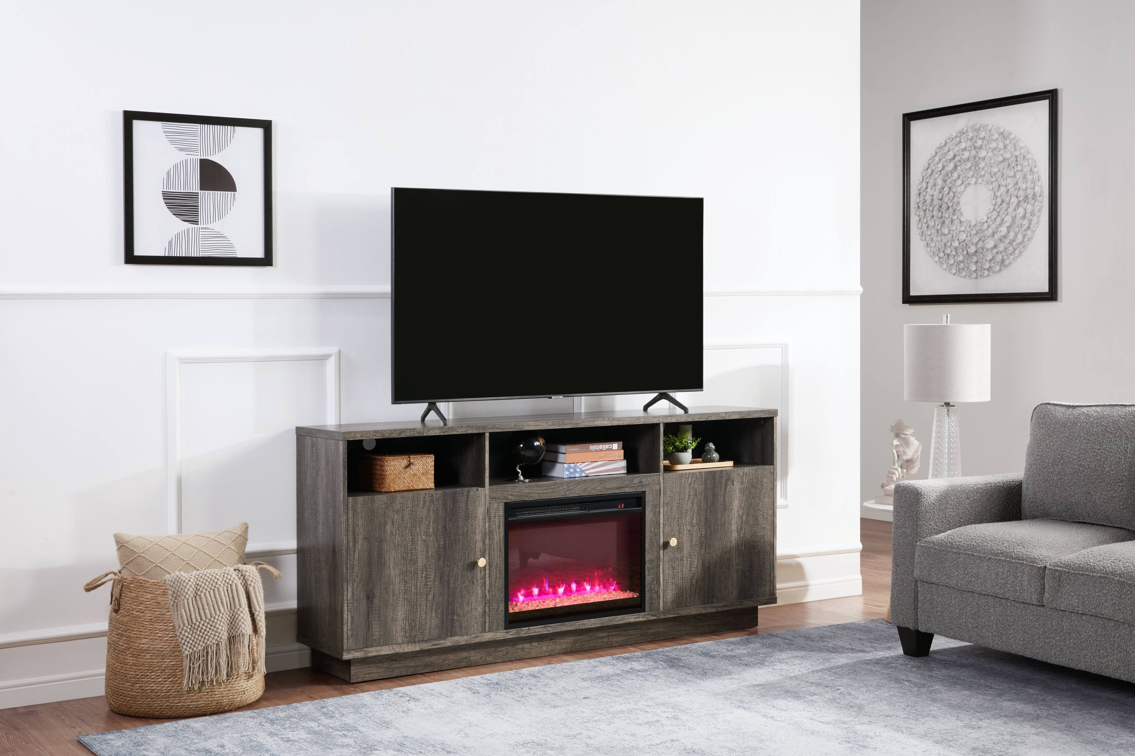 Front. APRILSOUL - 70 Inch W Gray Walnut Finish Fireplace TV Stand Console with Heater LED Light Cabinets Shelves - Gray.