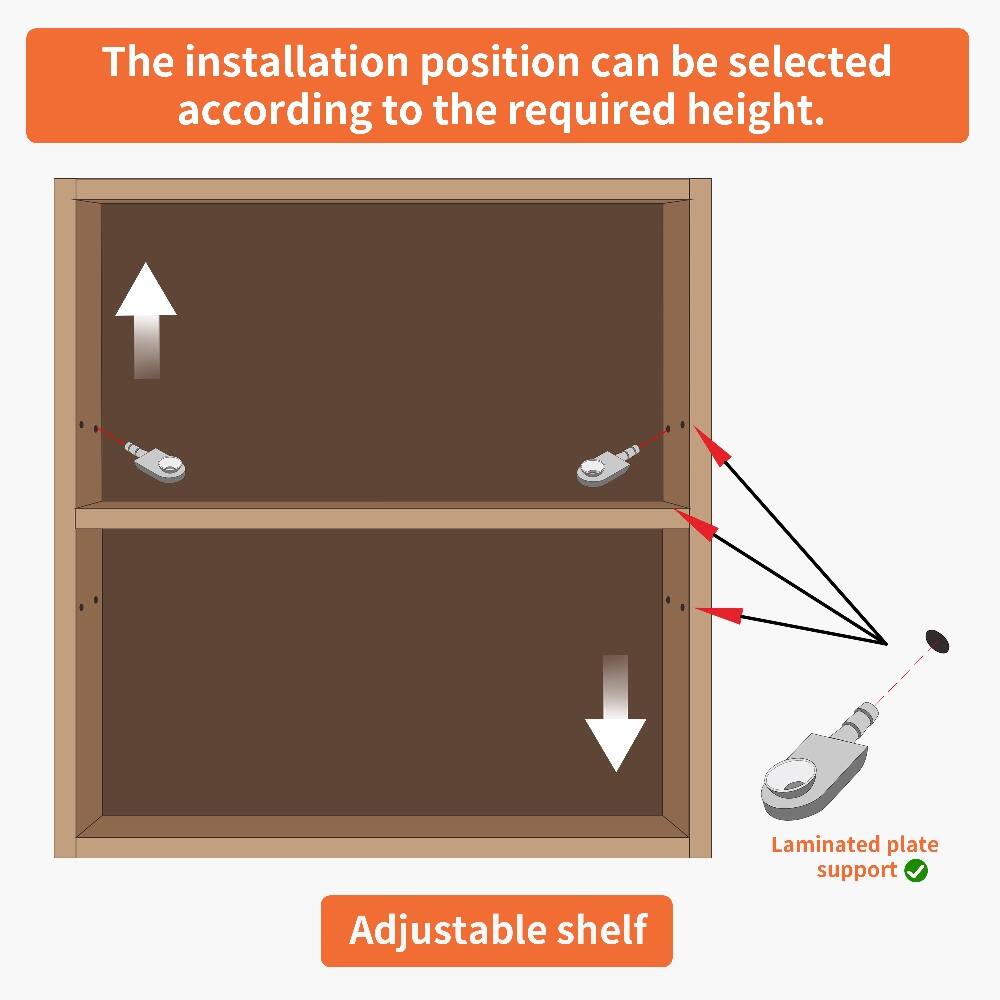 The installation position can be selected according to the required height.

Laminated plate support

Adjustable shelf