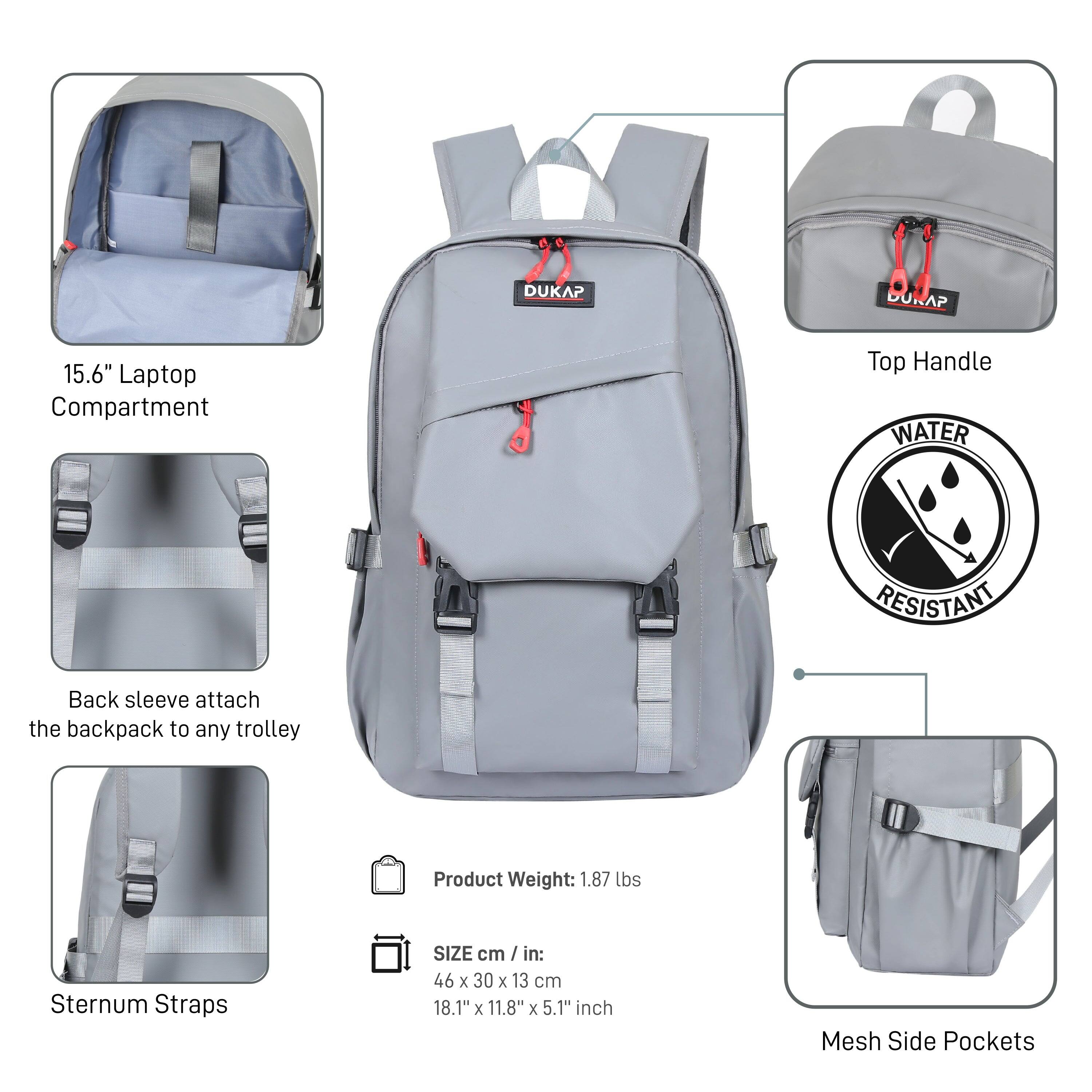 - DUKAP 15.6" Laptop Compartment
- Top Handle
- Back sleeve attach the backpack to any trolley
- Sternum Straps
- Mesh Side Pockets
- WATER RESISTANT
- Product Weight: 1.87 lbs
- SIZE cm / in: 46 x 30 x 13 cm / 18.1" x 11.8" x 5.1"