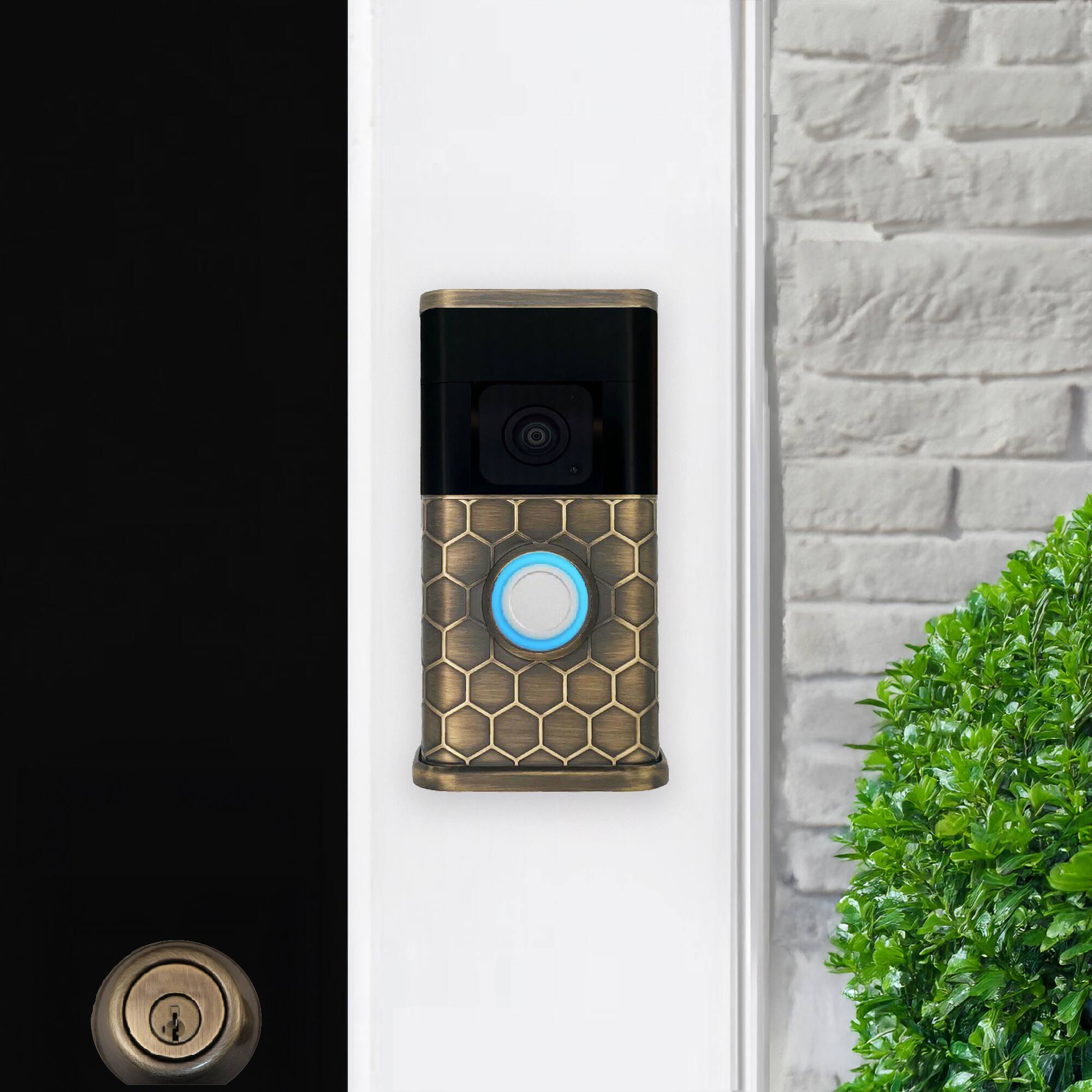 Alt View 3. Michael Healy - Honeycomb Video Doorbell Cover (Ring 3, 3 Plus, 4, Battery Plus and Battery Pro) - Antique Brass.