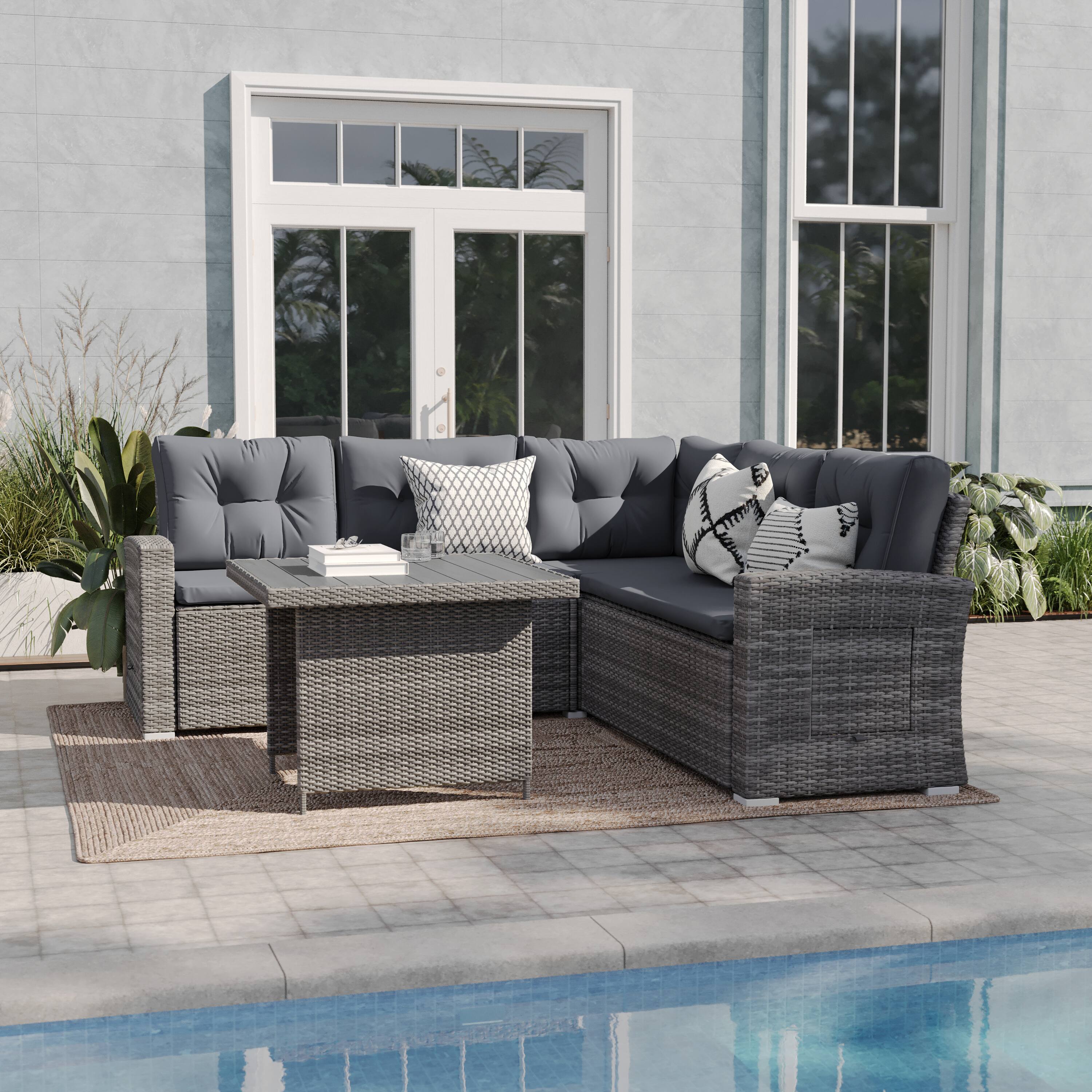 Alt View 1. Emma + Oliver - Indoor/Outdoor Dining Table/L-Shaped Sofa Conversation Set - Gray Cushions/Gray Frame.