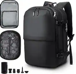 Wikistore - Air Vacuum Compression Travel Backpack 60L Expandable Carry On Bag with Pump Water resistant TSA Lock - Black