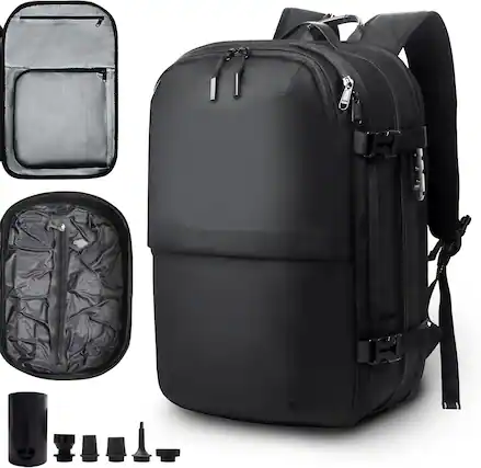 Front. Wikistore - WIKISTORE Air Vacuum Compression Travel Backpack 60L Expandable Carry On Bag with Pump Water resistant TSA Lock Black - Black.
