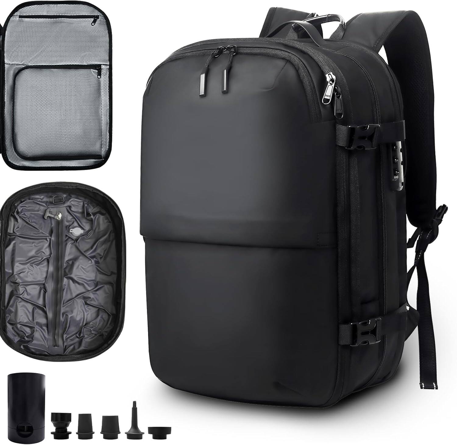 Front. Wikistore - WIKISTORE Air Vacuum Compression Travel Backpack 60L Expandable Carry On Bag with Pump Water resistant TSA Lock Black - Black.