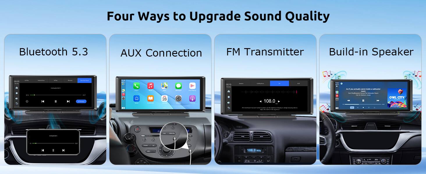 Four Ways to Upgrade Sound Quality

Bluetooth 5.3  
AUX Connection  
FM Transmitter  
Build-in Speaker