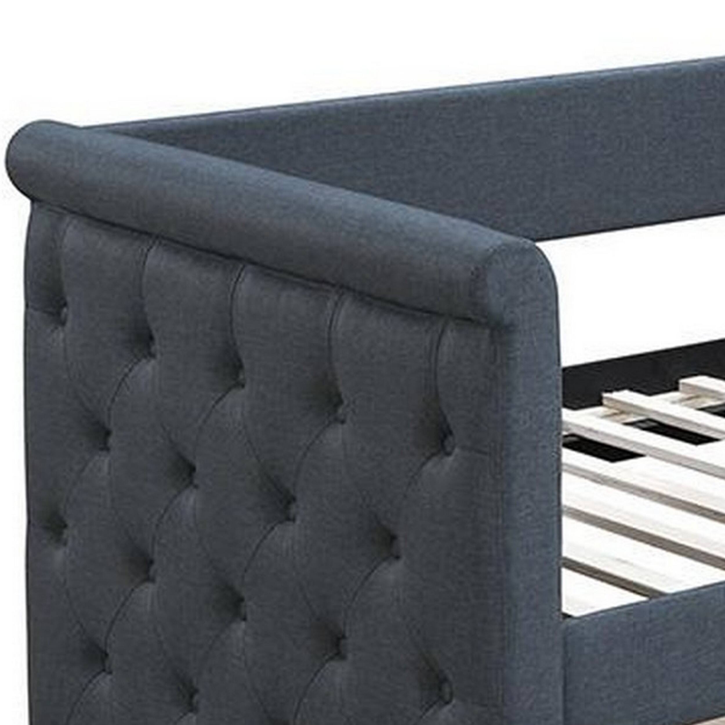 Alt View 2. Manhattan Lane - Edra Classic Upholstered Day Bed with Trundle, Tufted Charcoal Gray Burlap - Charcoal Gray.