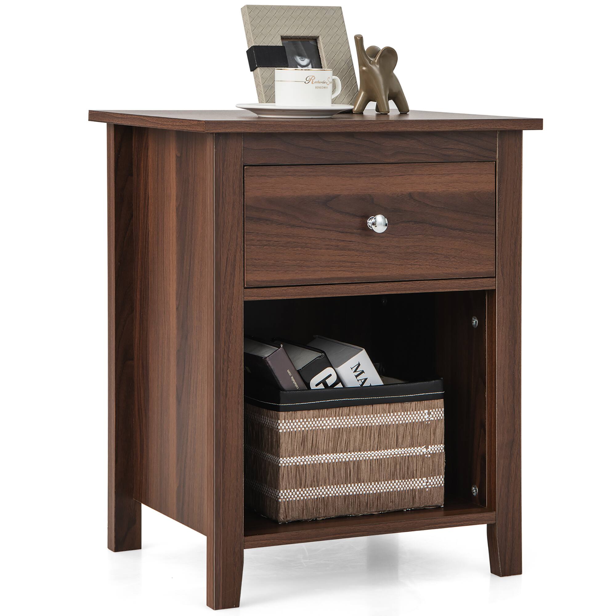 Costway - Nightstand Bedside Table with Drawer & Open Shelf for Living Room Bedroom - Walnut